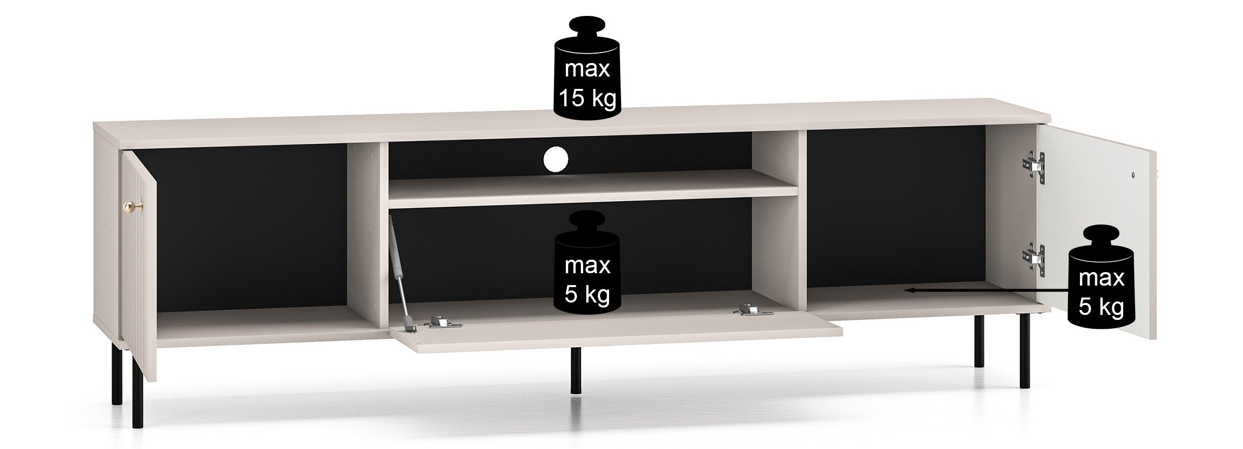 Zweiturige TV-Kommode Caletto mit Klappe und Regal, 180 cm, dekorative Lamellen Kaschmir