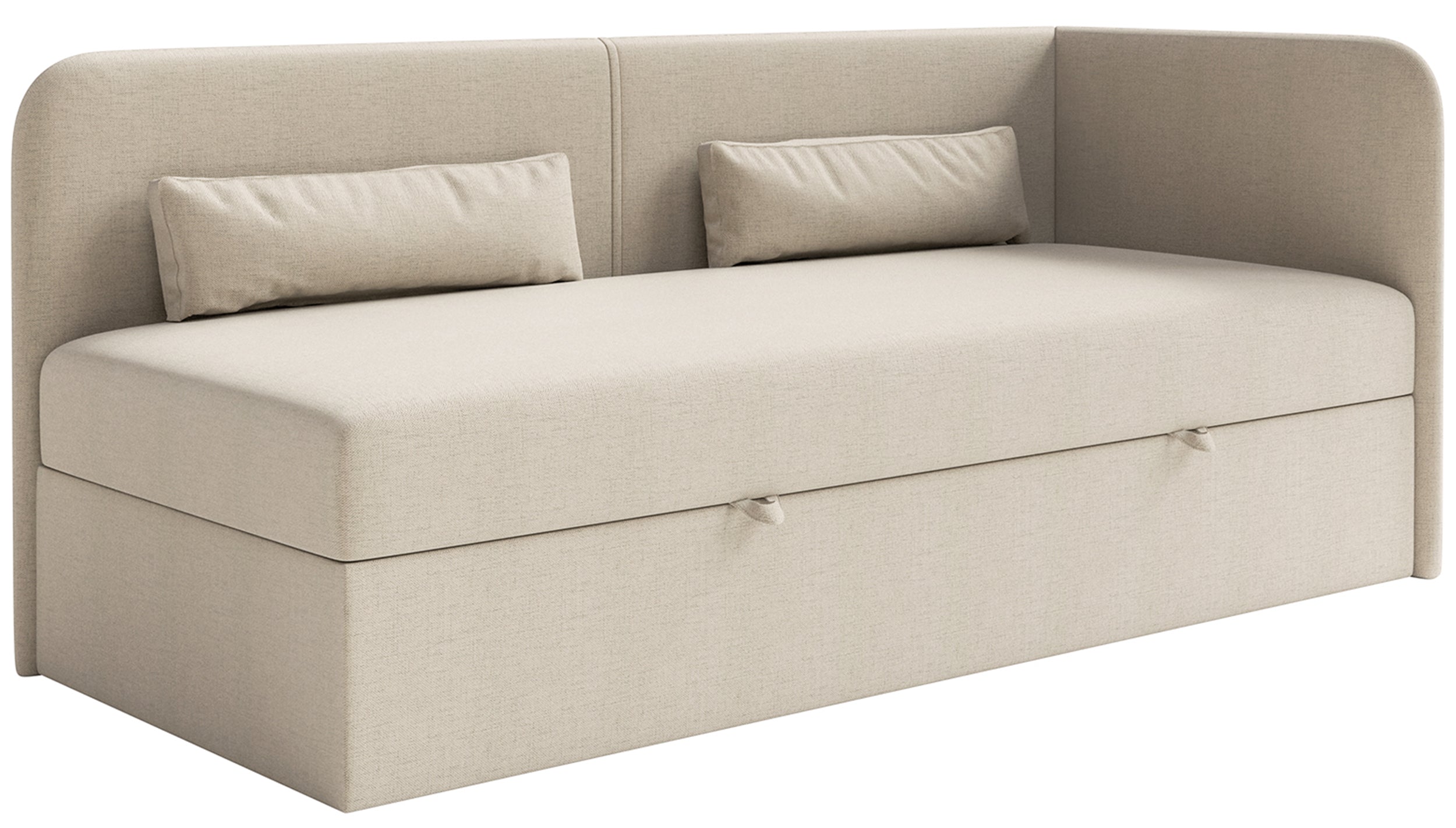 Jugendbett 90x200 cm Calmmo rechtsseitig mit Stauraum, hellbeiger hydrophober Chenille-Stoff