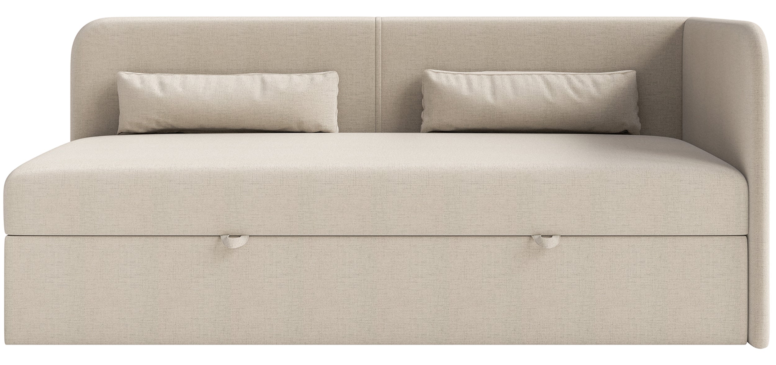 Jugendbett 90x200 cm Calmmo rechtsseitig mit Stauraum, hellbeiger hydrophober Chenille-Stoff