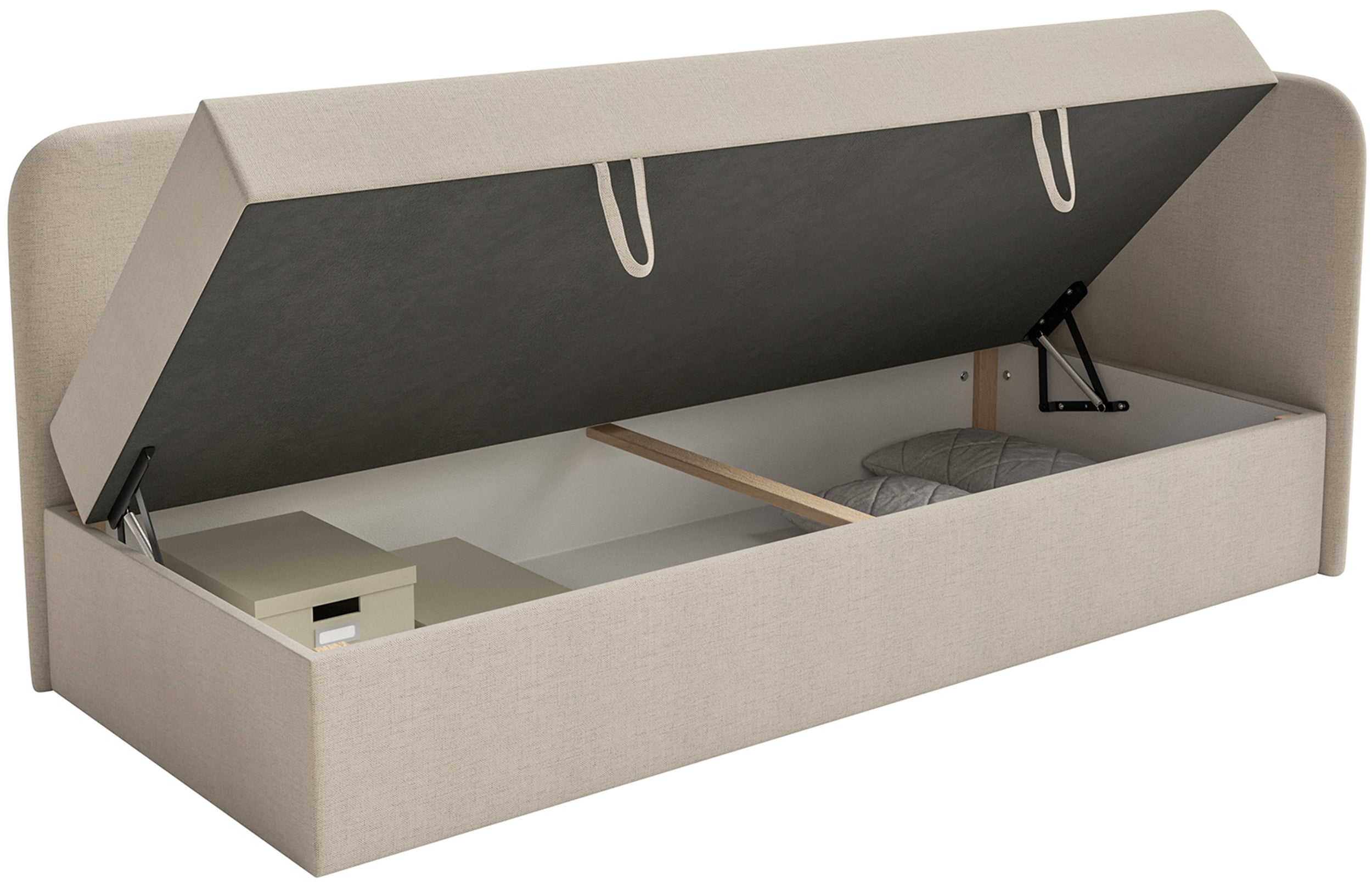 Jugendbett 90x200 cm Calmmo rechtsseitig mit Stauraum, hellbeiger hydrophober Chenille-Stoff