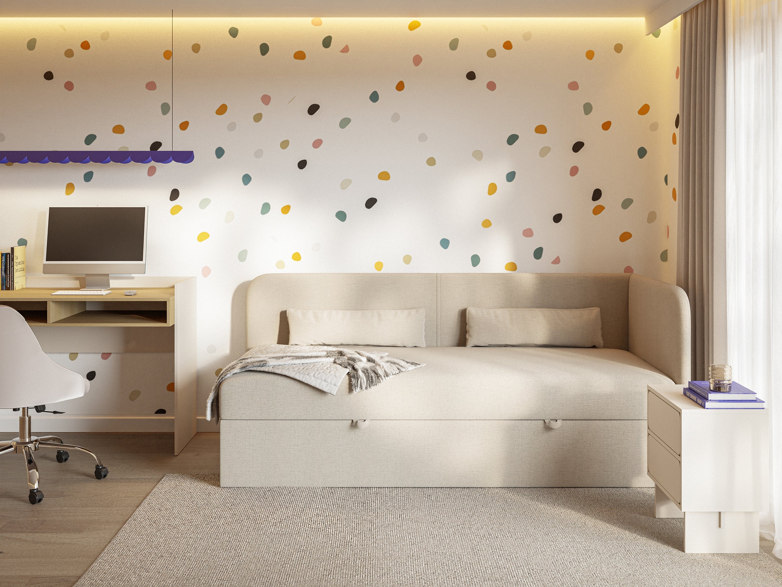 Jugendbett 90x200 cm Calmmo rechtsseitig mit Stauraum, hellbeiger hydrophober Chenille-Stoff