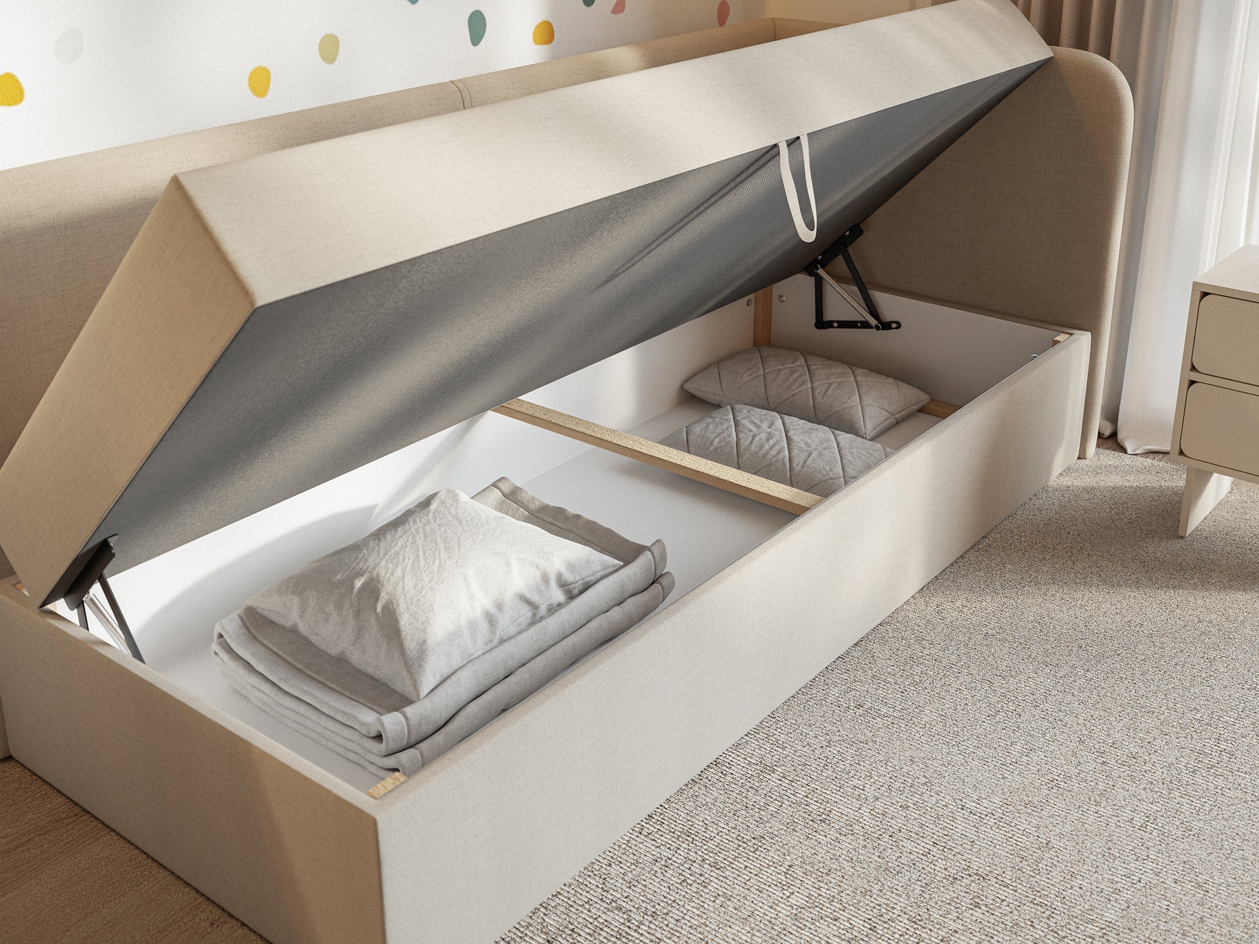 Jugendbett 90x200 cm Calmmo rechtsseitig mit Stauraum, hellbeiger hydrophober Chenille-Stoff