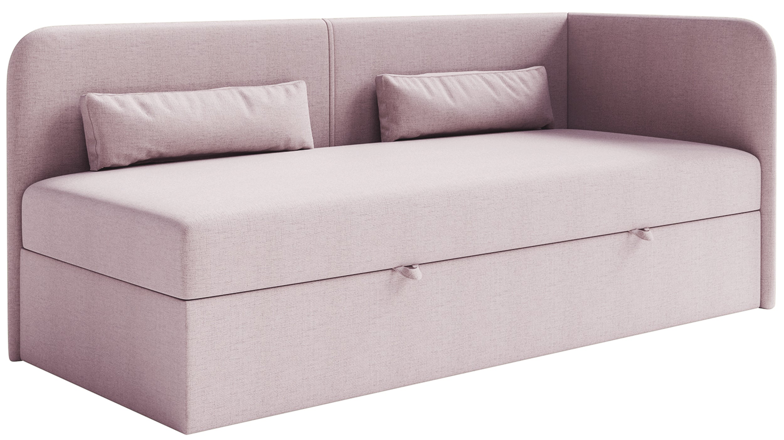 Jugendbett 90x200 cm Calmmo rechtsseitig mit Stauraum, rosa, hydrophobes Chenille