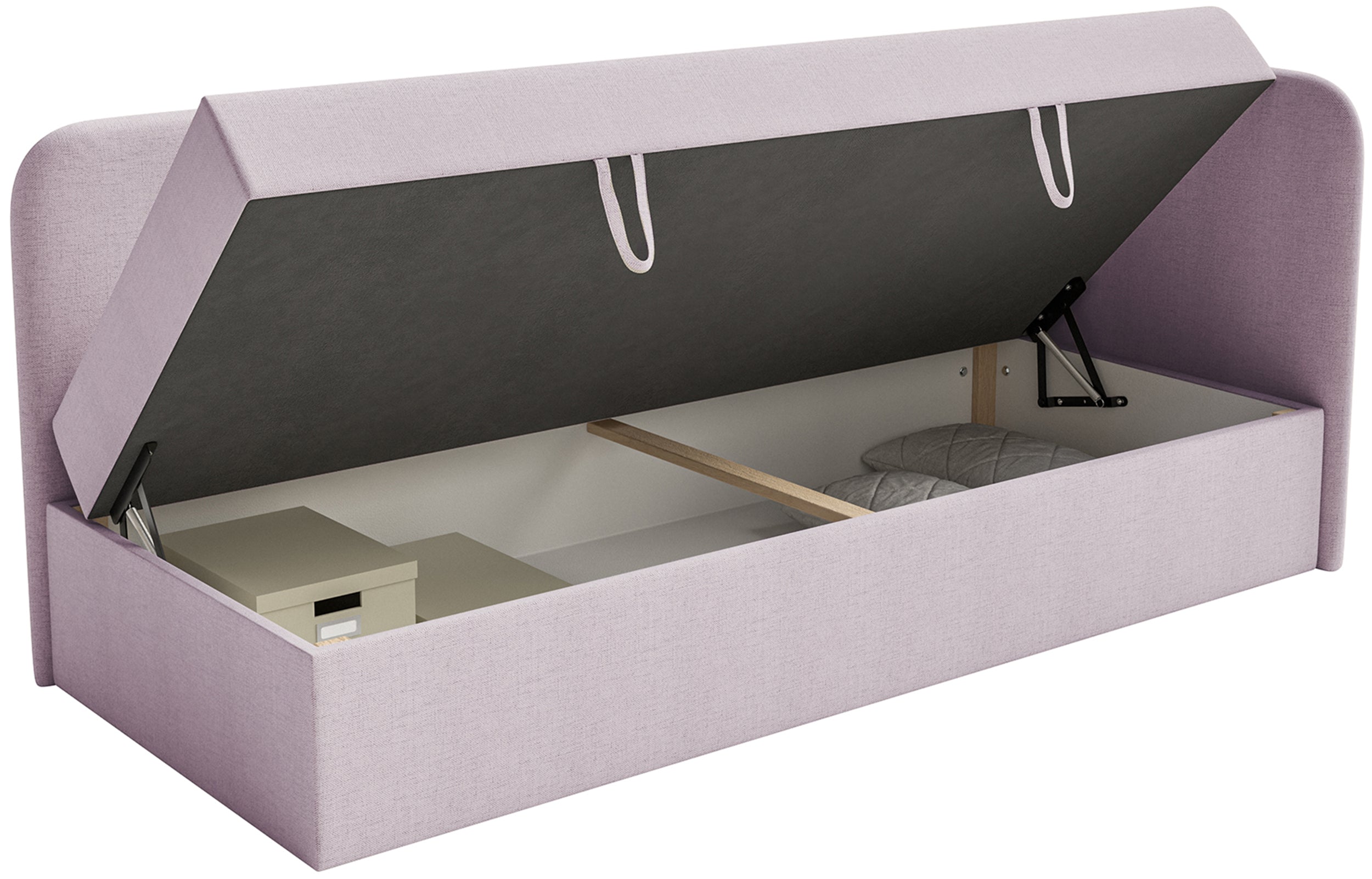 Jugendbett 90x200 cm Calmmo rechtsseitig mit Stauraum, rosa, hydrophobes Chenille