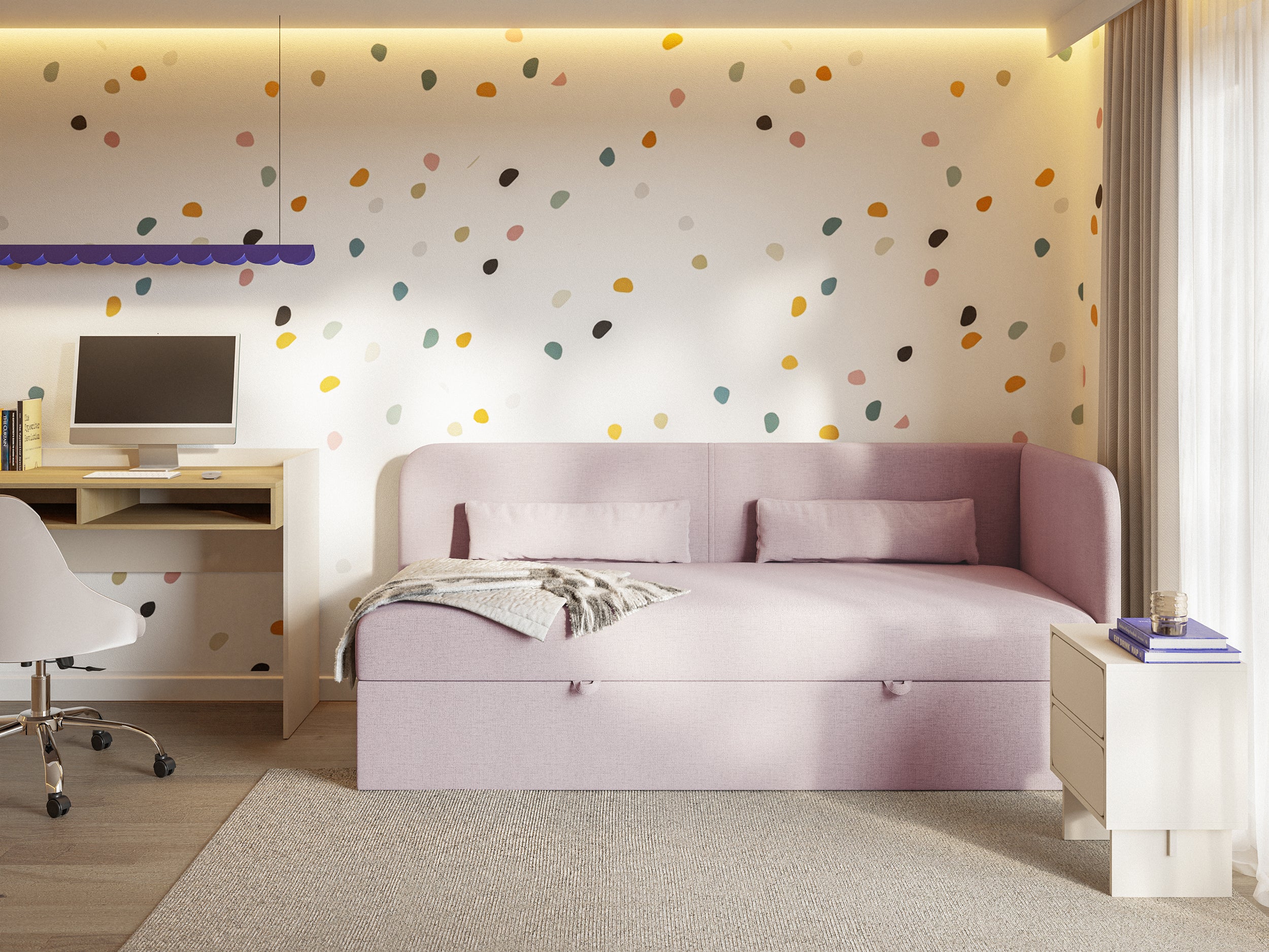 Jugendbett 90x200 cm Calmmo rechtsseitig mit Stauraum, rosa, hydrophobes Chenille
