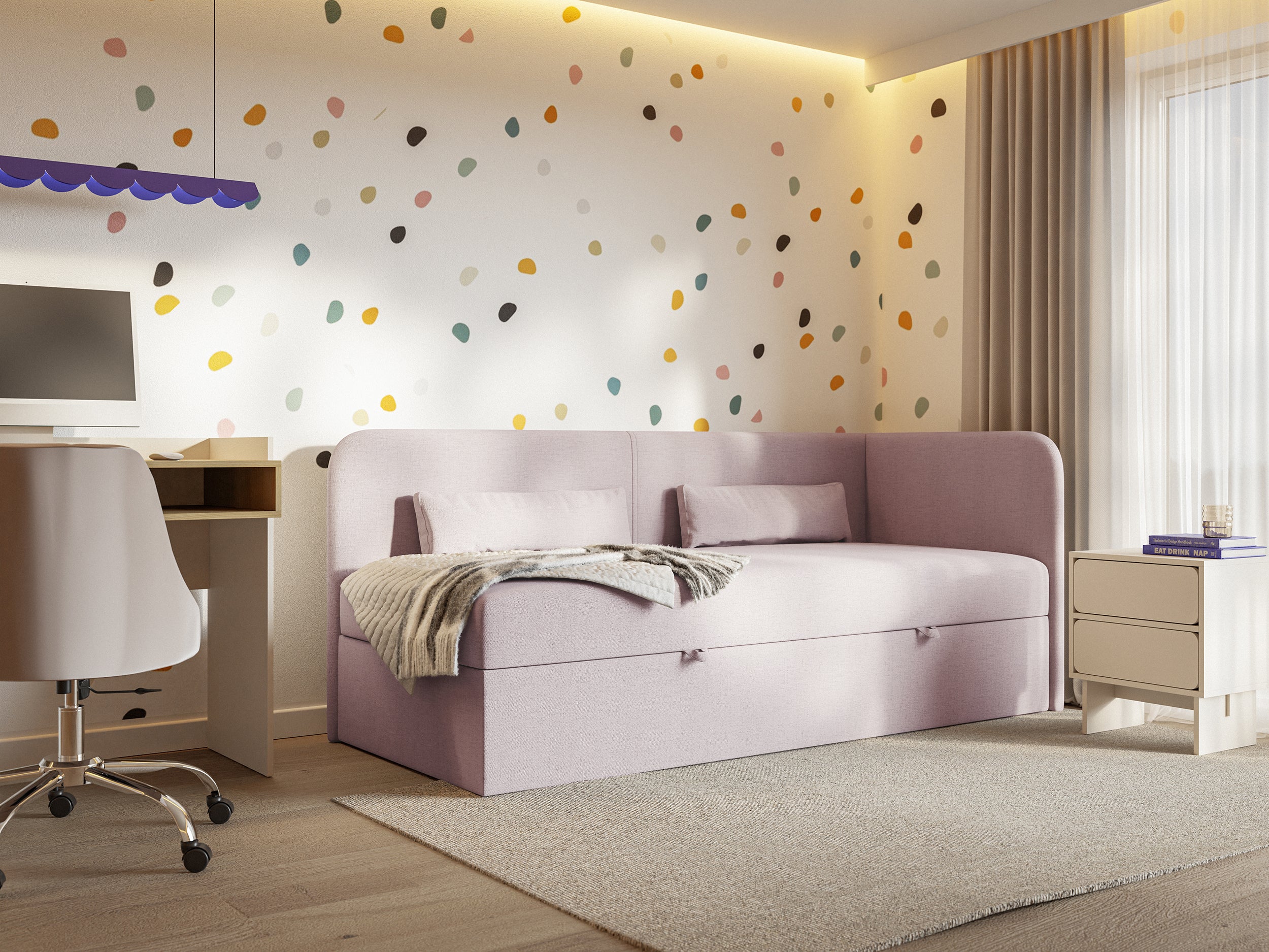 Jugendbett 90x200 cm Calmmo rechtsseitig mit Stauraum, rosa, hydrophobes Chenille
