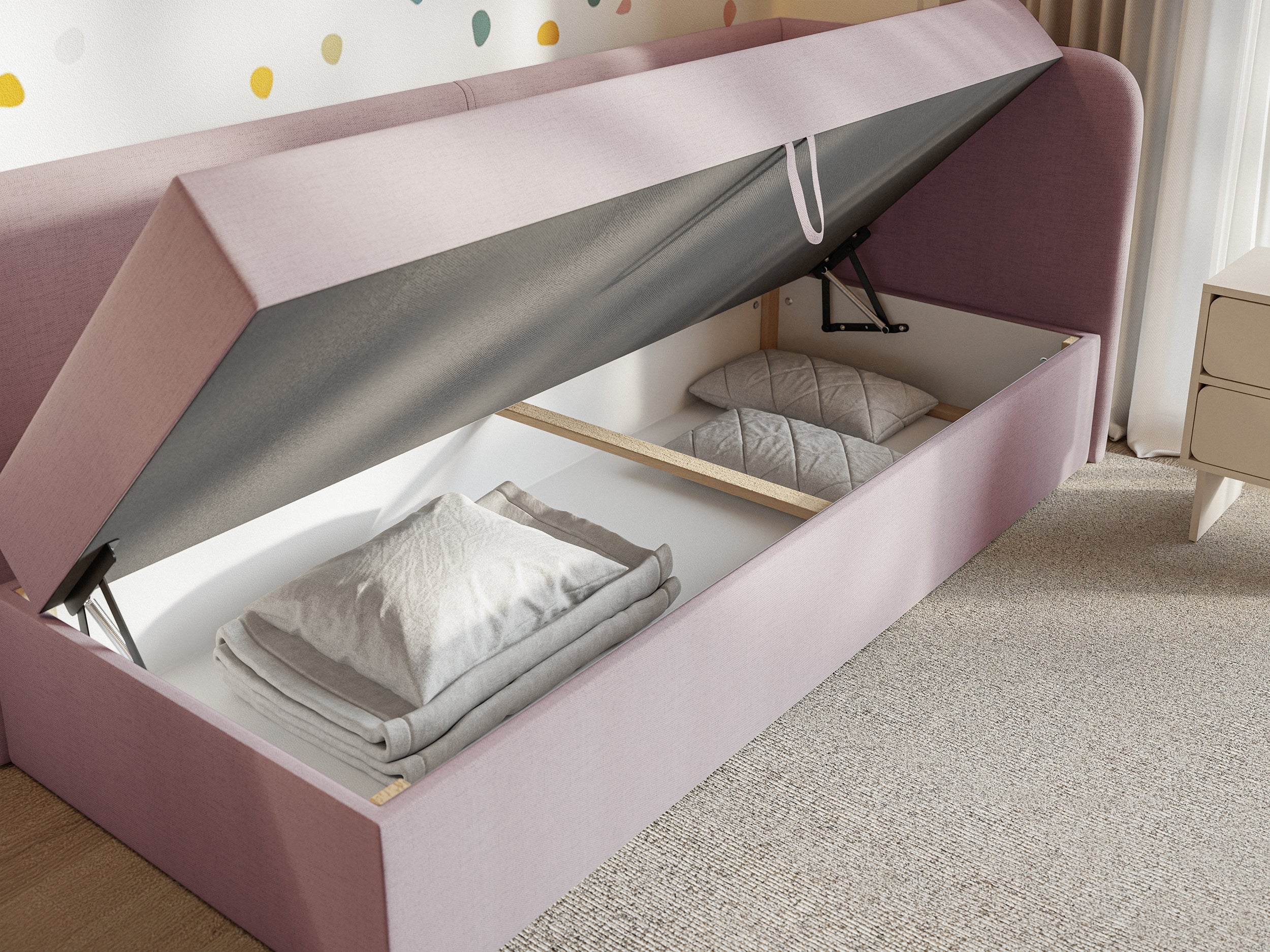 Jugendbett 90x200 cm Calmmo rechtsseitig mit Stauraum, rosa, hydrophobes Chenille