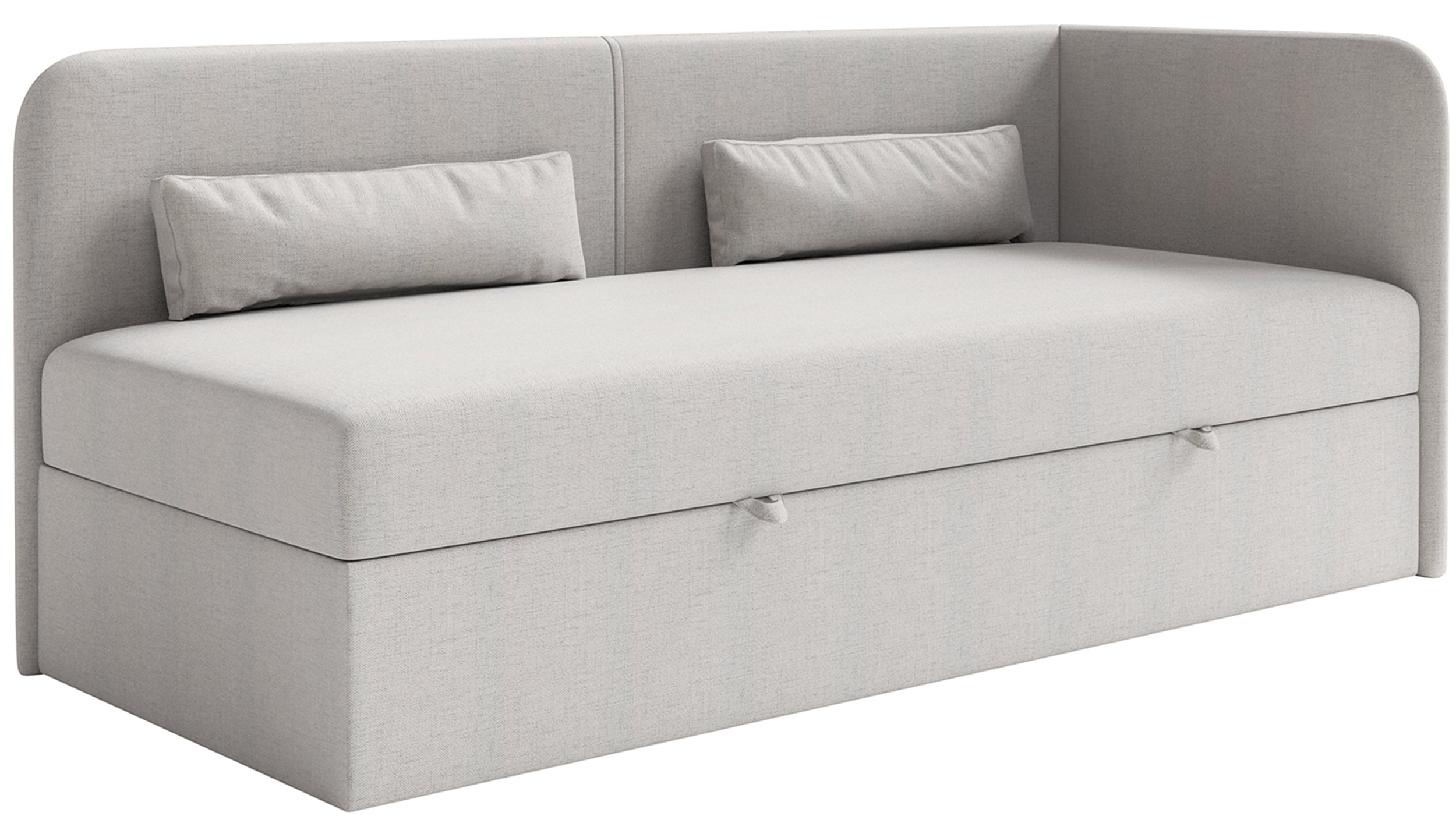 Jugendbett 90x200 cm Calmmo, rechtsseitig mit Stauraum, hellgrauer hydrophober Chenillestoff