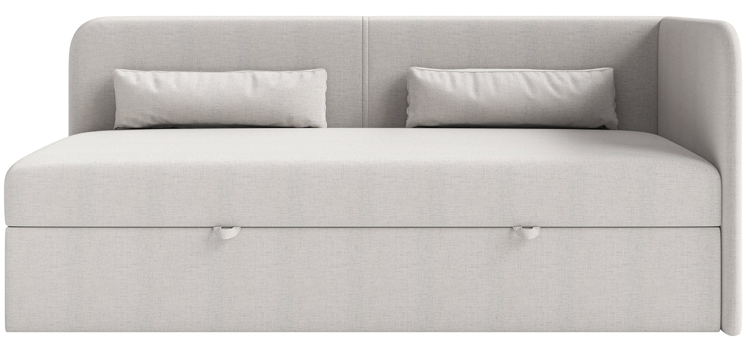 Jugendbett 90x200 cm Calmmo, rechtsseitig mit Stauraum, hellgrauer hydrophober Chenillestoff