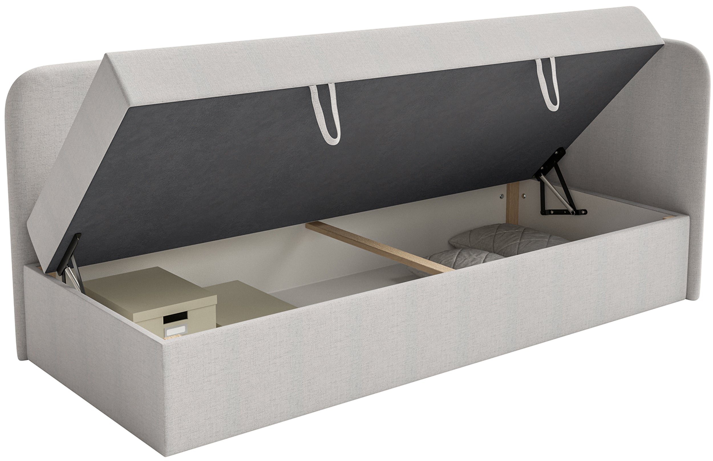 Jugendbett 90x200 cm Calmmo, rechtsseitig mit Stauraum, hellgrauer hydrophober Chenillestoff