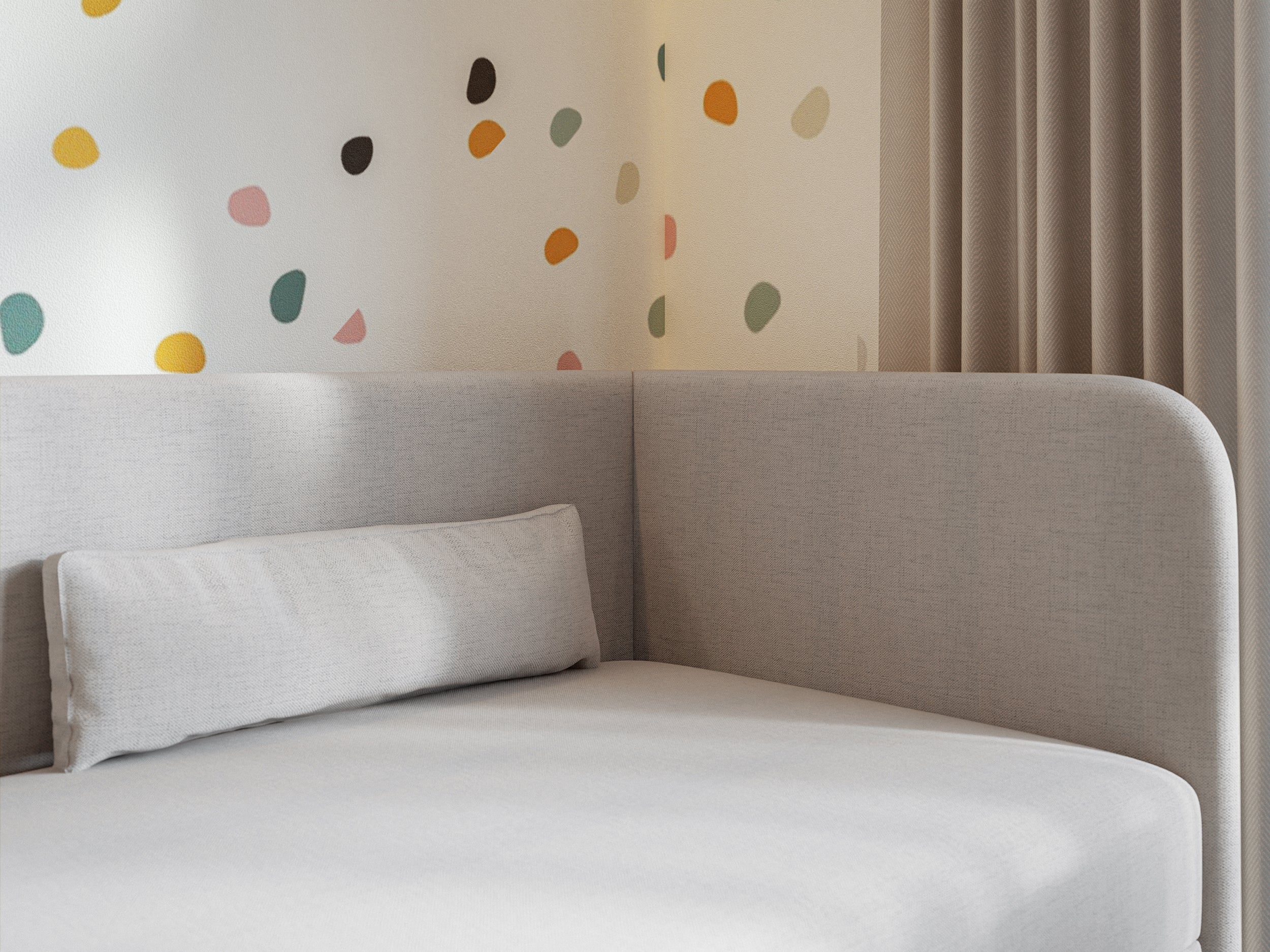 Jugendbett 90x200 cm Calmmo, rechtsseitig mit Stauraum, hellgrauer hydrophober Chenillestoff