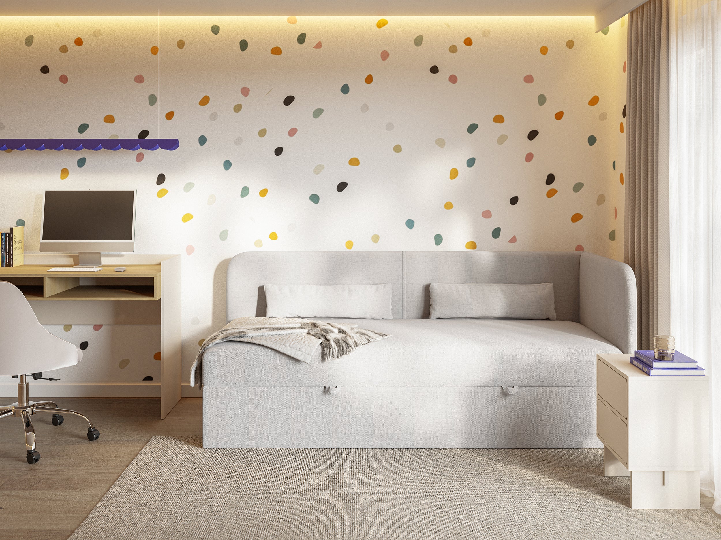 Jugendbett 90x200 cm Calmmo, rechtsseitig mit Stauraum, hellgrauer hydrophober Chenillestoff