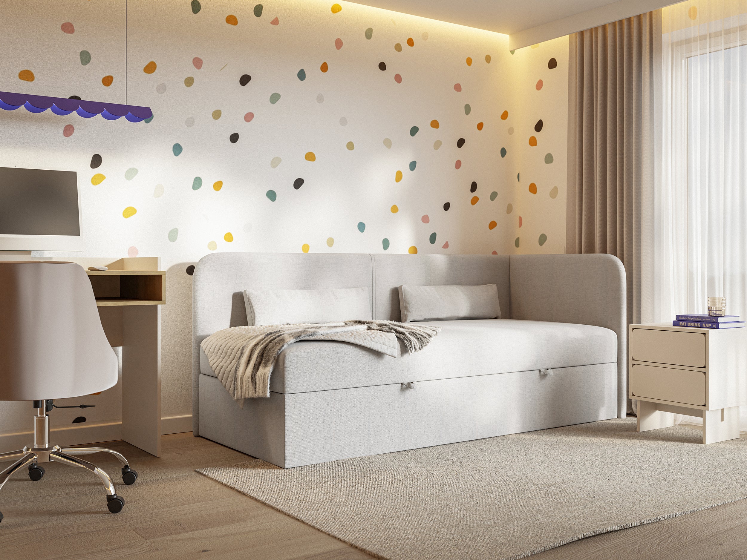 Jugendbett 90x200 cm Calmmo, rechtsseitig mit Stauraum, hellgrauer hydrophober Chenillestoff