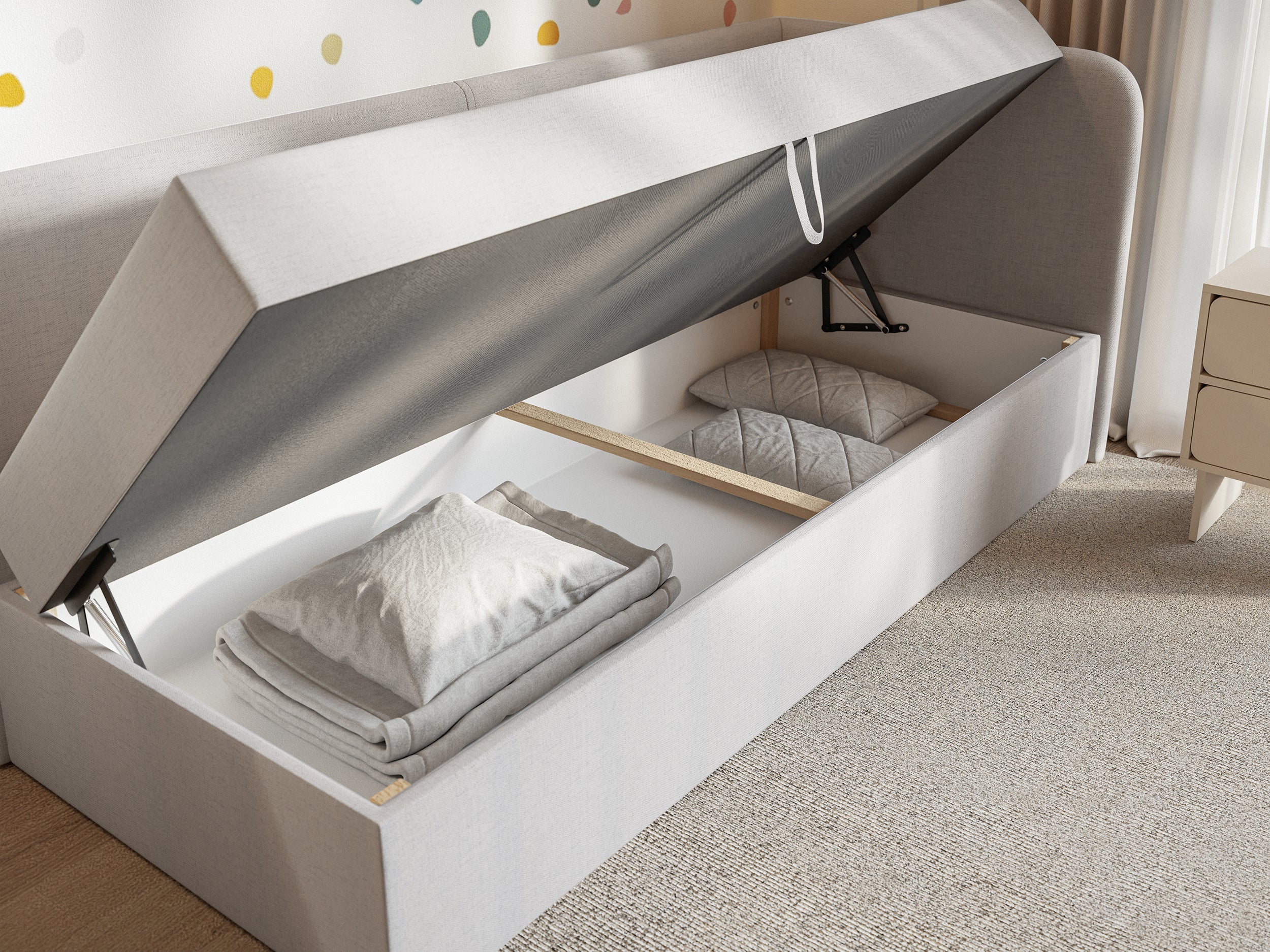 Jugendbett 90x200 cm Calmmo, rechtsseitig mit Stauraum, hellgrauer hydrophober Chenillestoff