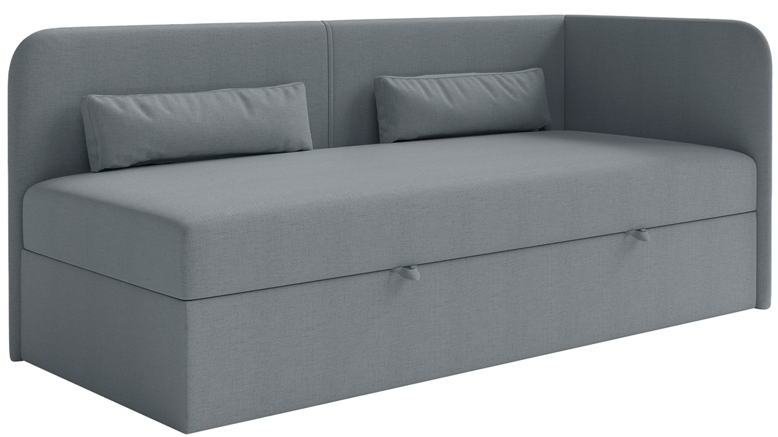 Jugendbett 90x200 cm Calmmo rechtsseitig mit Stauraum, dunkelgrauer hydrophober Chenille-Stoff