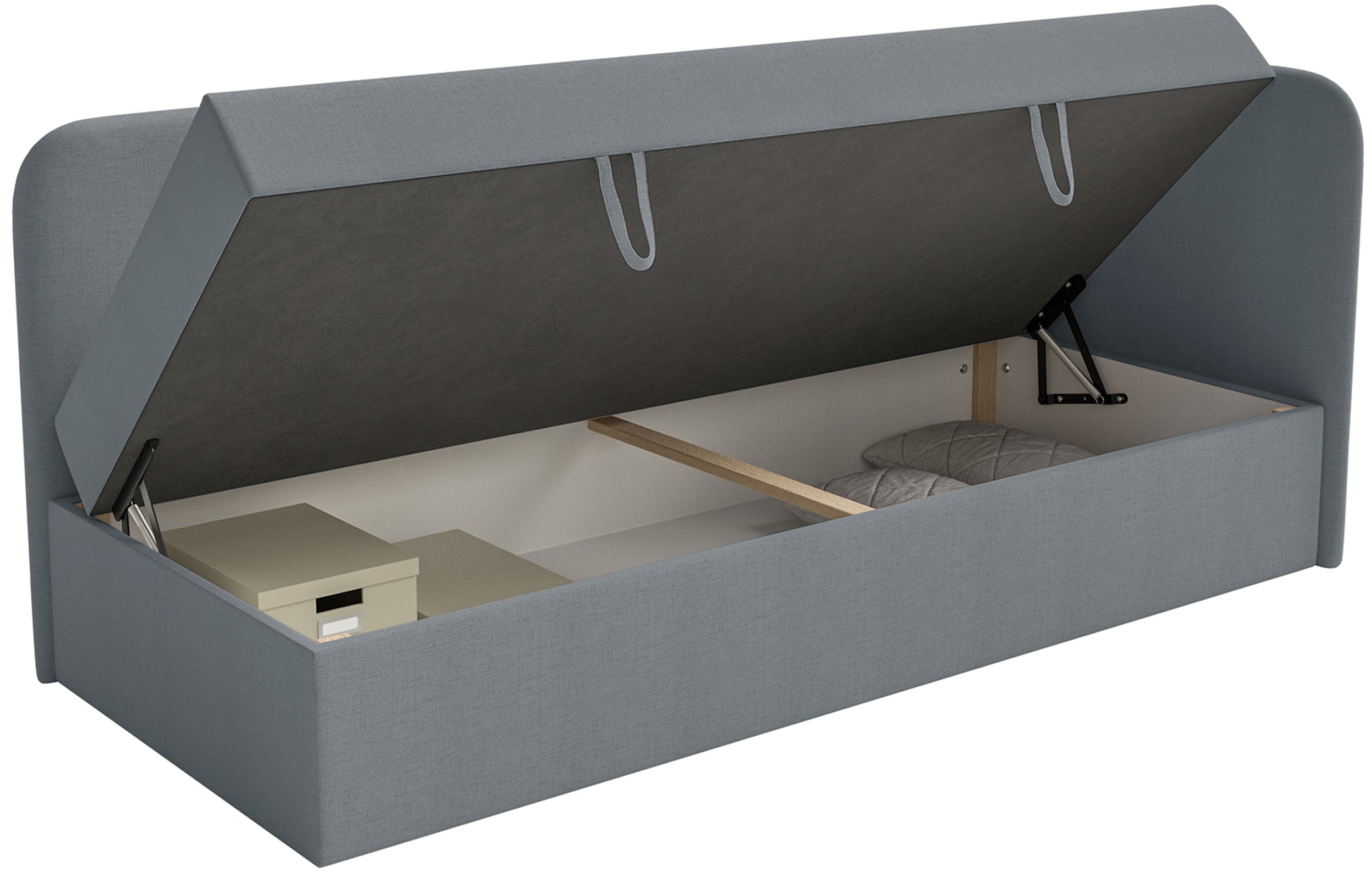 Jugendbett 90x200 cm Calmmo rechtsseitig mit Stauraum, dunkelgrauer hydrophober Chenille-Stoff