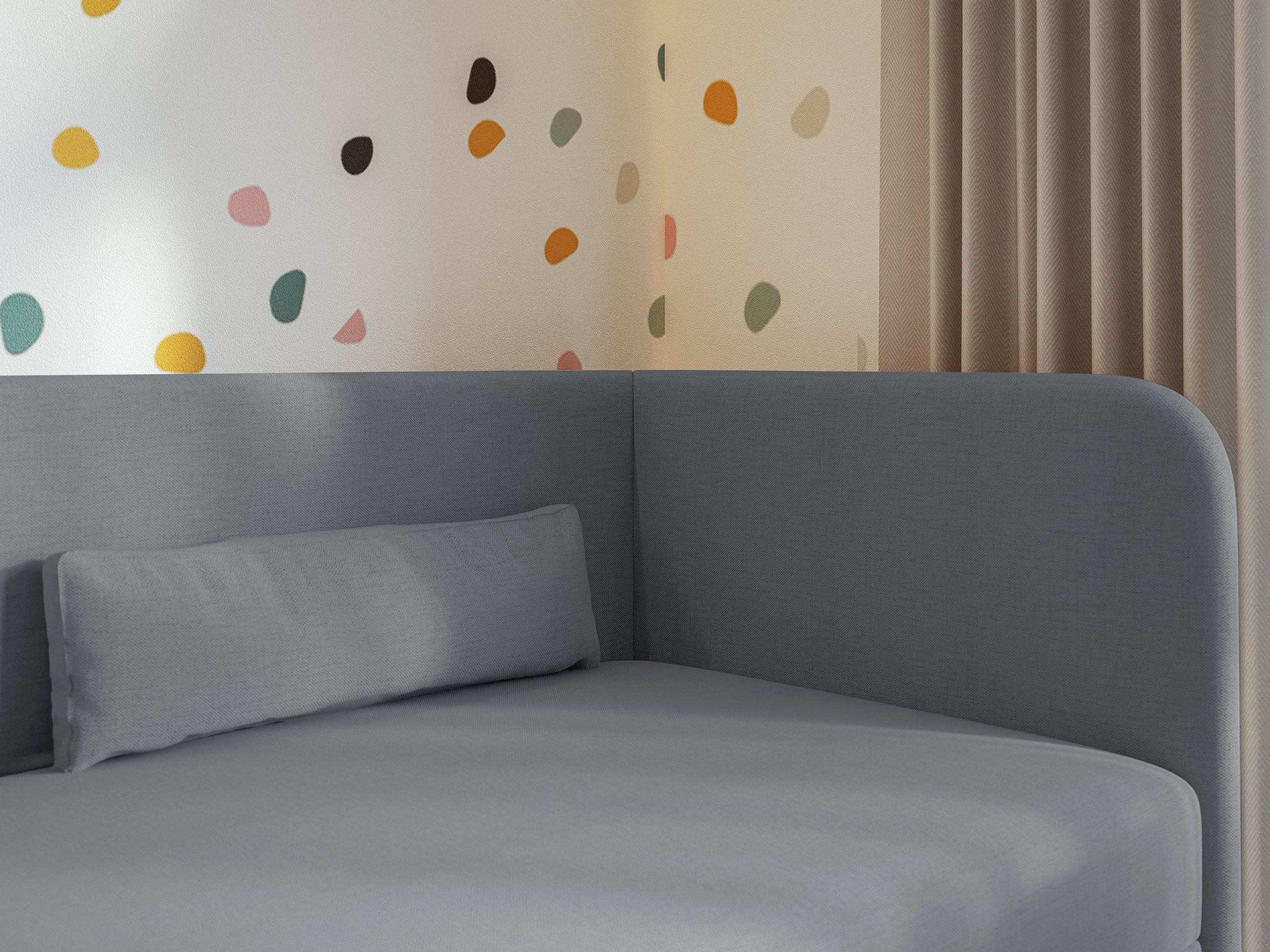 Jugendbett 90x200 cm Calmmo rechtsseitig mit Stauraum, dunkelgrauer hydrophober Chenille-Stoff