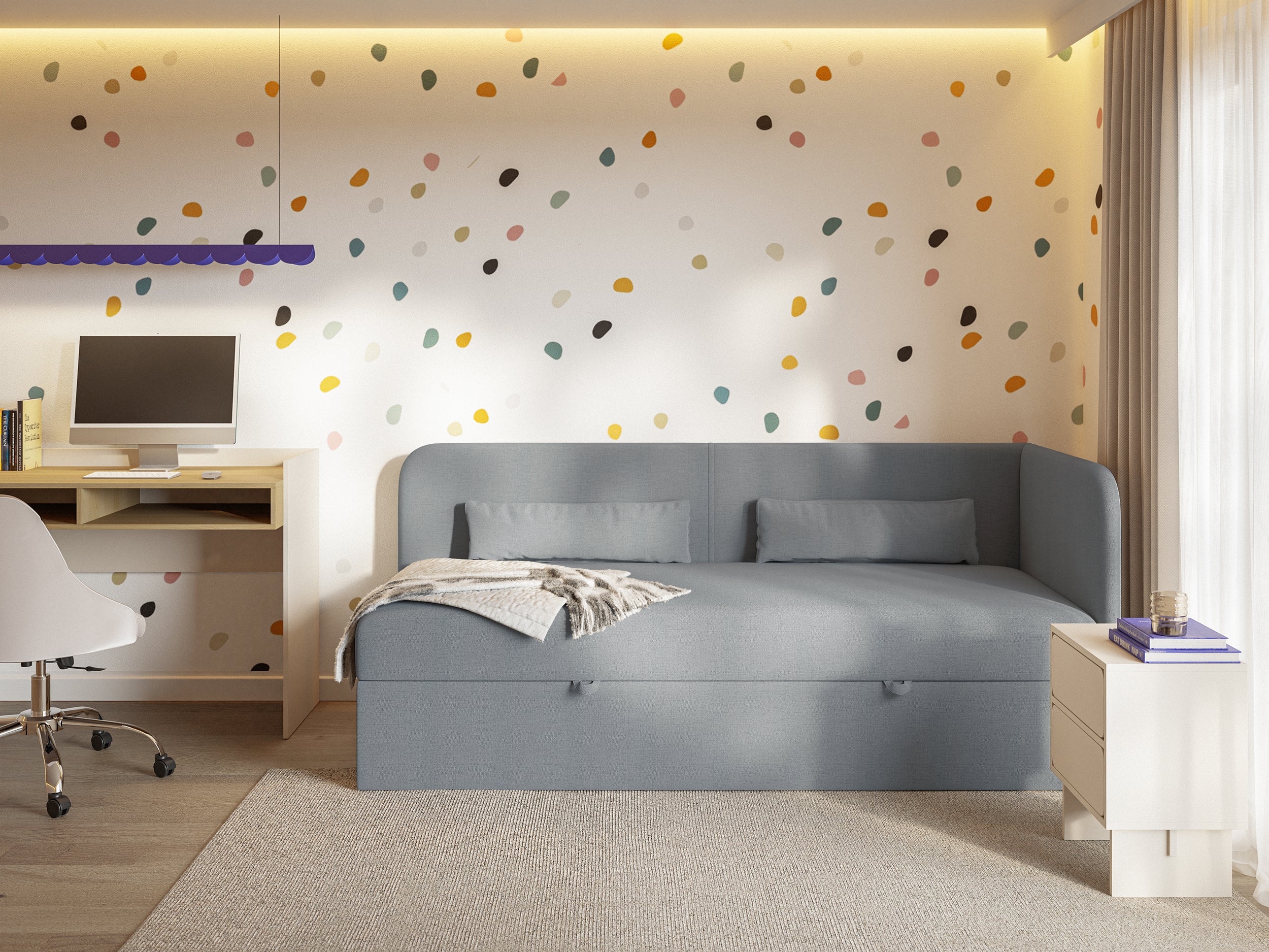 Jugendbett 90x200 cm Calmmo rechtsseitig mit Stauraum, dunkelgrauer hydrophober Chenille-Stoff