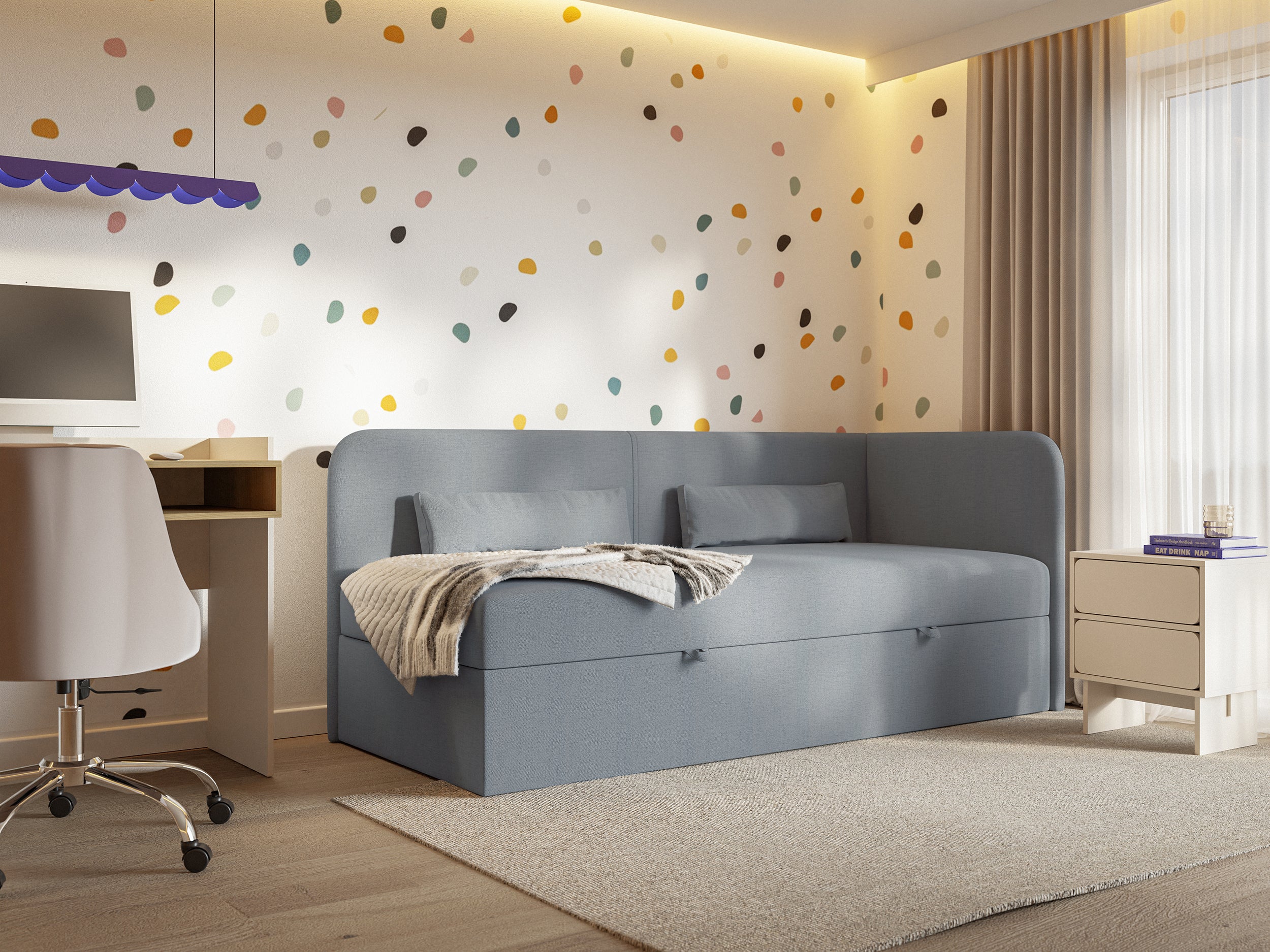 Jugendbett 90x200 cm Calmmo rechtsseitig mit Stauraum, dunkelgrauer hydrophober Chenille-Stoff