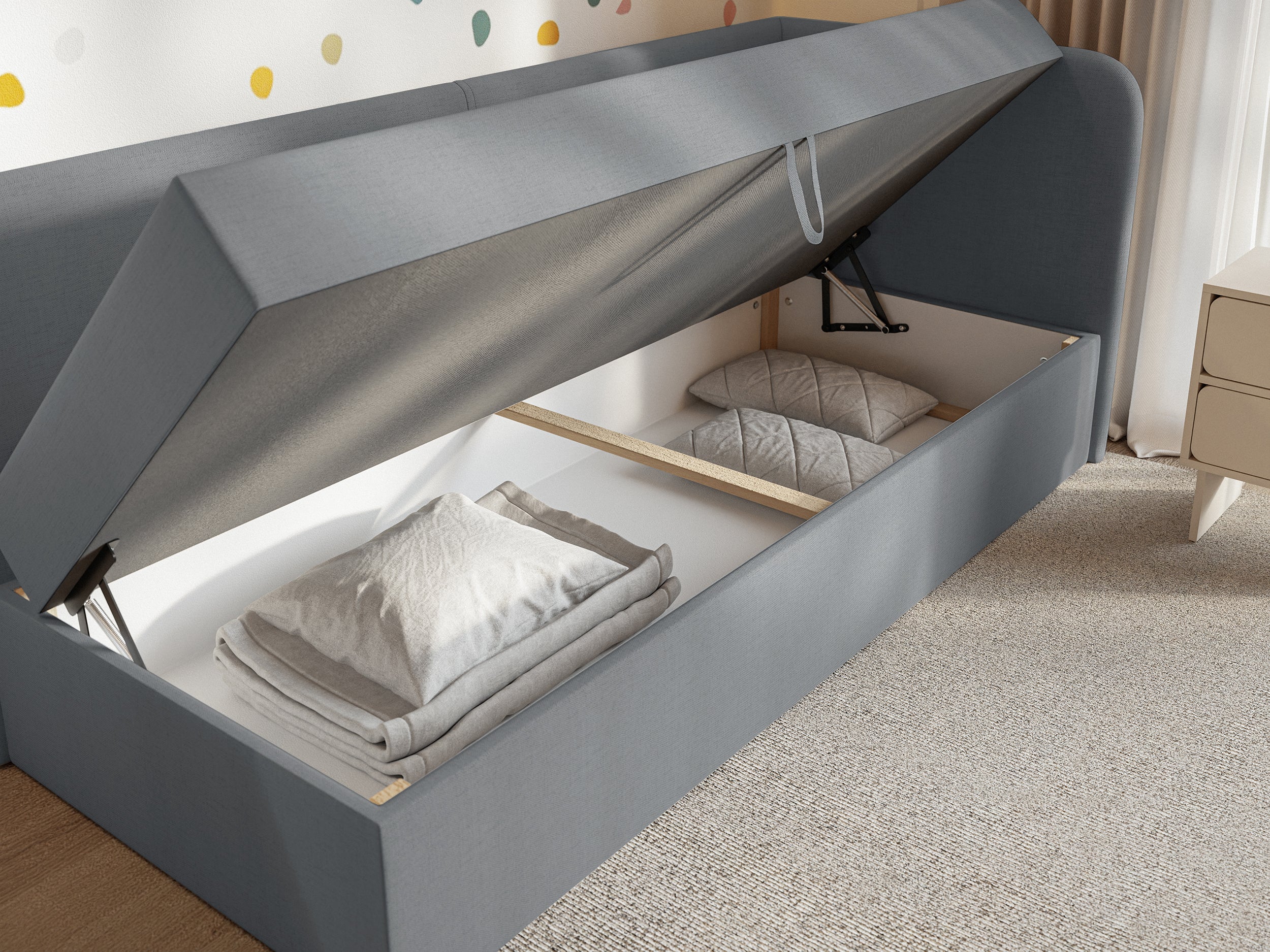 Jugendbett 90x200 cm Calmmo rechtsseitig mit Stauraum, dunkelgrauer hydrophober Chenille-Stoff