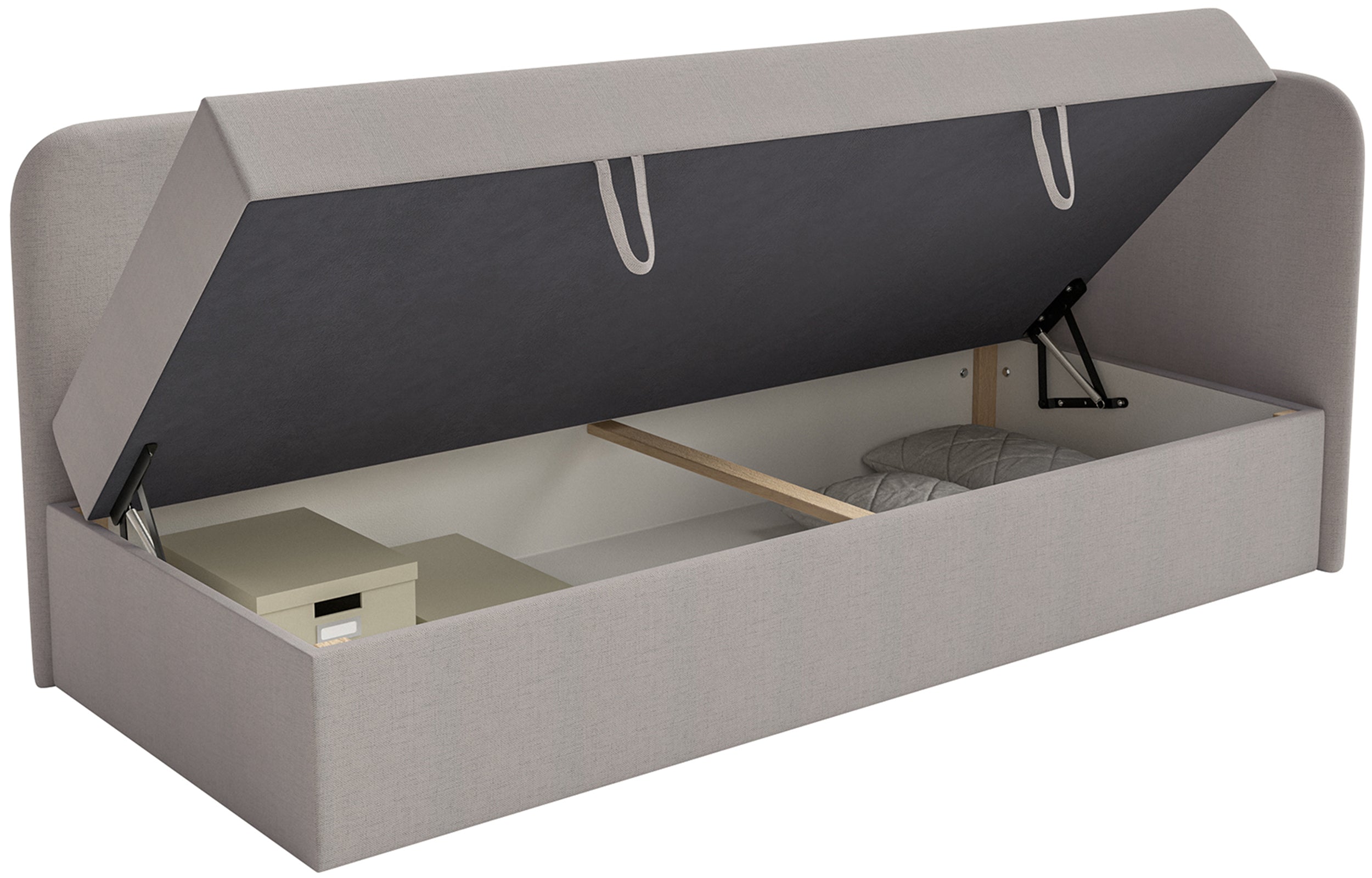 Jugendbett 90x200 cm Calmmo, rechtsseitig, mit Stauraum, dunkelbeige Chenille, wasserabweisend