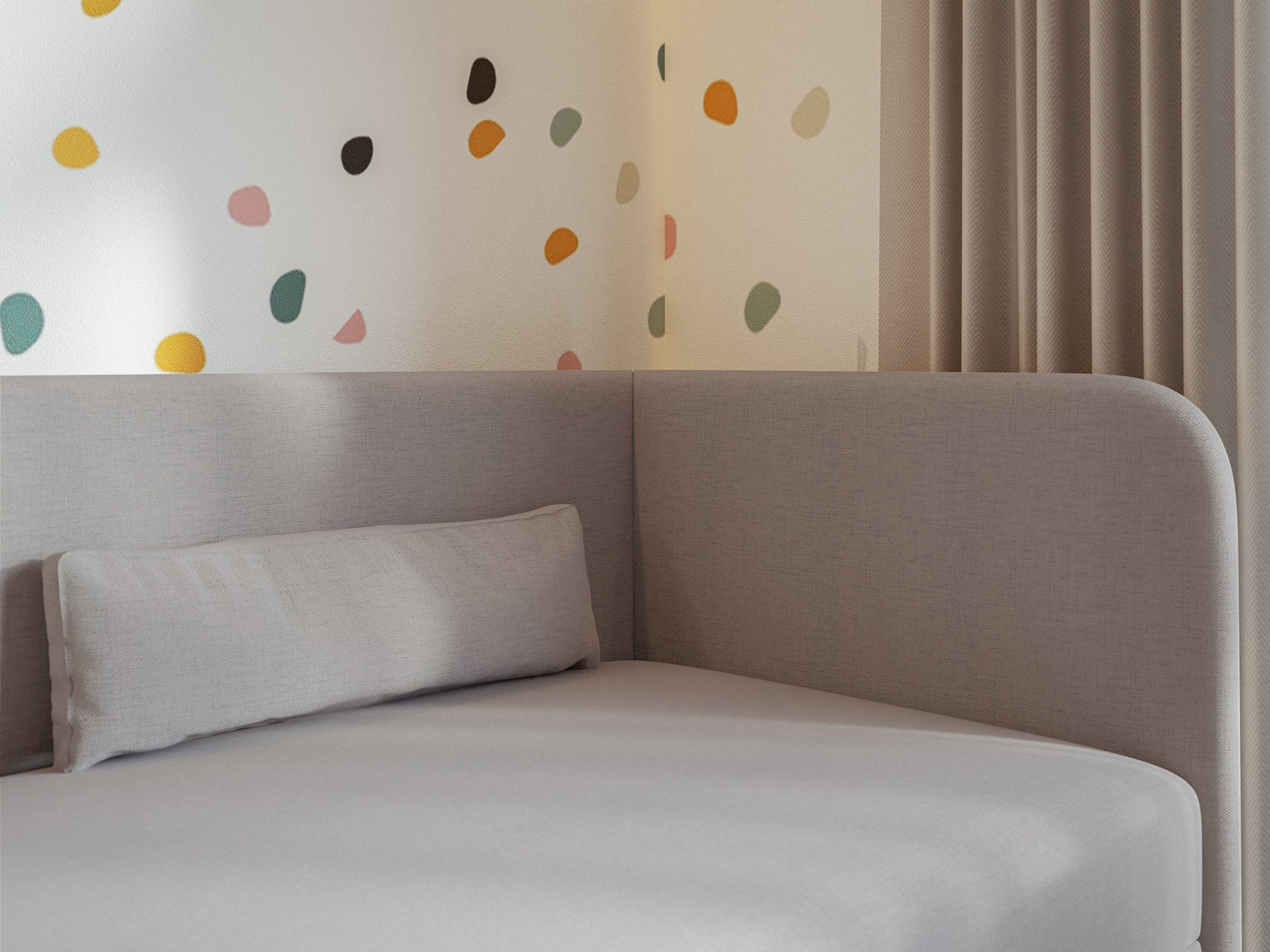 Jugendbett 90x200 cm Calmmo, rechtsseitig, mit Stauraum, dunkelbeige Chenille, wasserabweisend