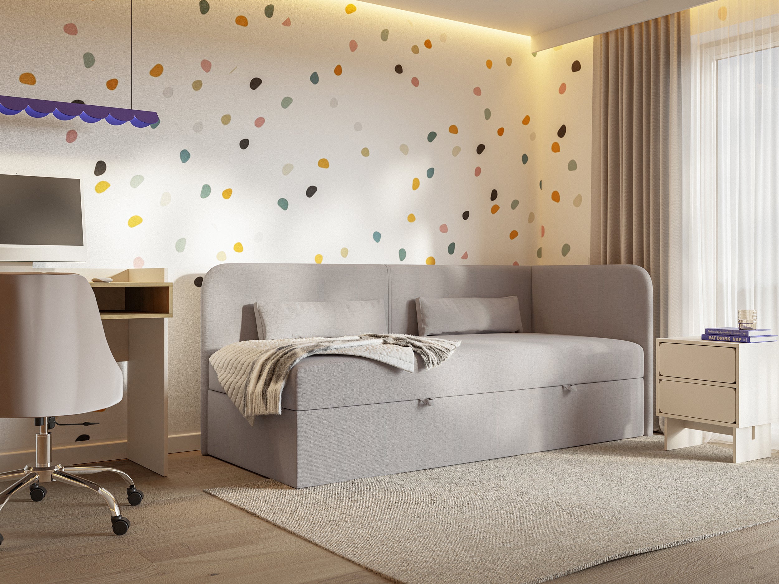 Jugendbett 90x200 cm Calmmo, rechtsseitig, mit Stauraum, dunkelbeige Chenille, wasserabweisend