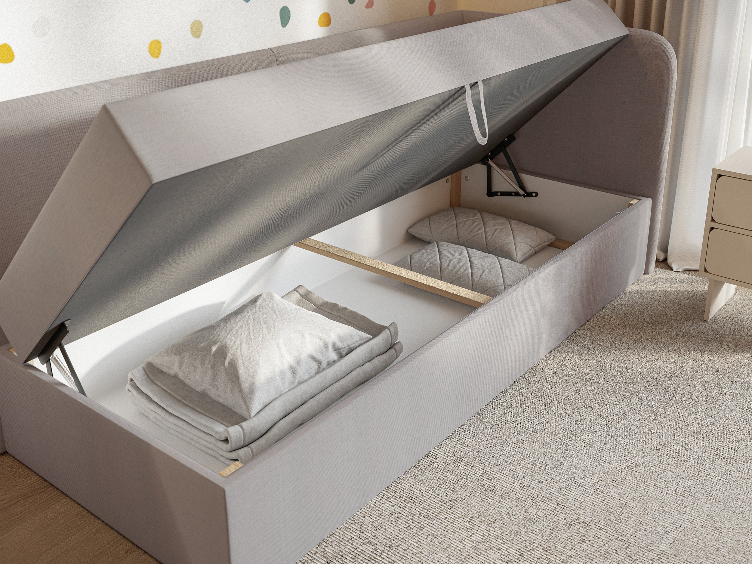 Jugendbett 90x200 cm Calmmo, rechtsseitig, mit Stauraum, dunkelbeige Chenille, wasserabweisend