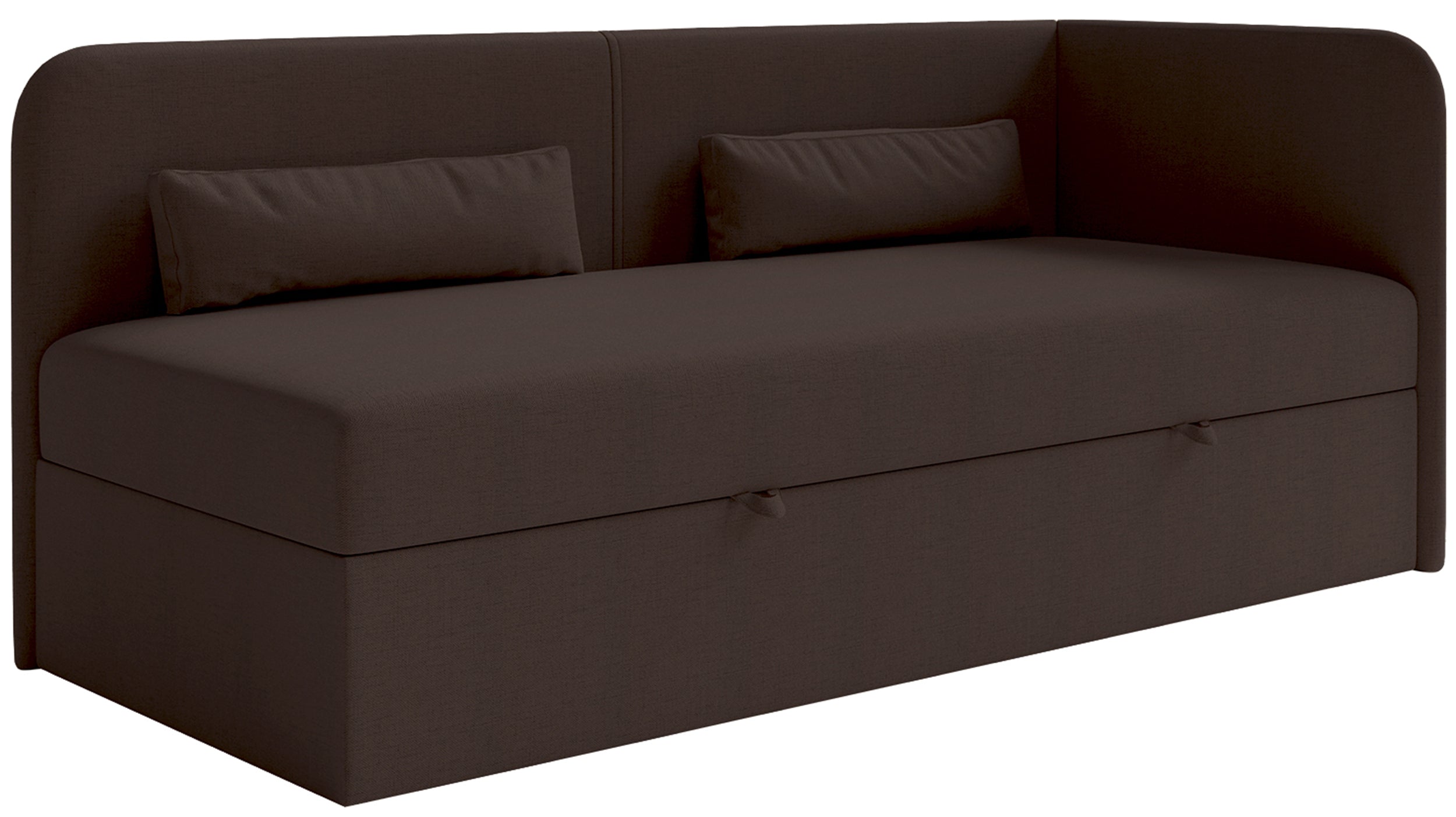 Jugendbett 90x200 cm Calmmo, rechtsseitig mit Stauraum, dunkelbrauner hydrophober Chenille-Bezug