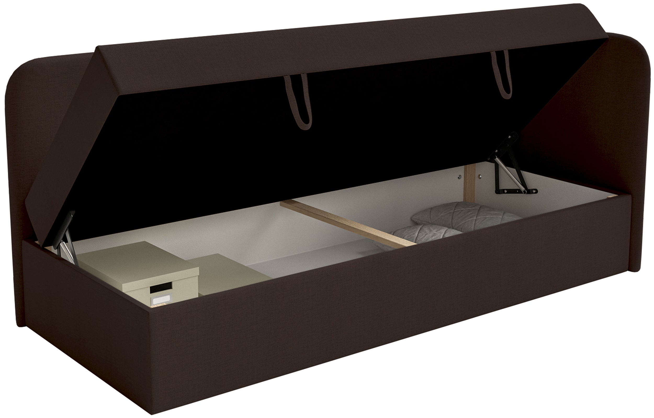 Jugendbett 90x200 cm Calmmo, rechtsseitig mit Stauraum, dunkelbrauner hydrophober Chenille-Bezug