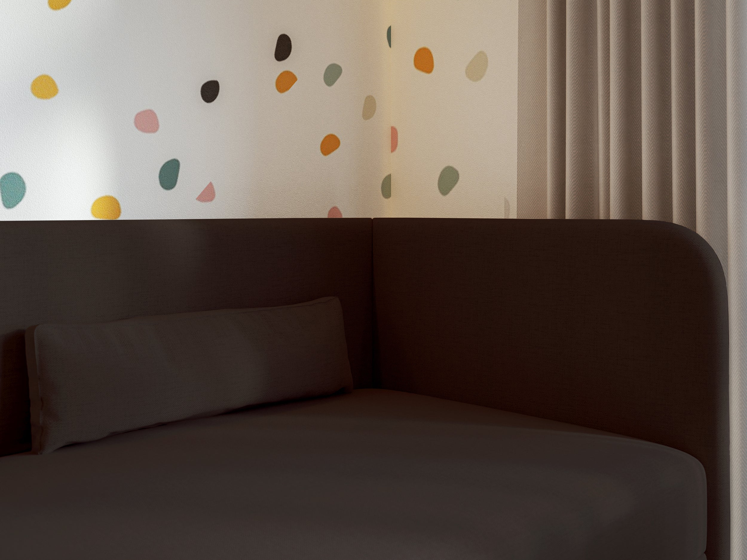 Jugendbett 90x200 cm Calmmo, rechtsseitig mit Stauraum, dunkelbrauner hydrophober Chenille-Bezug