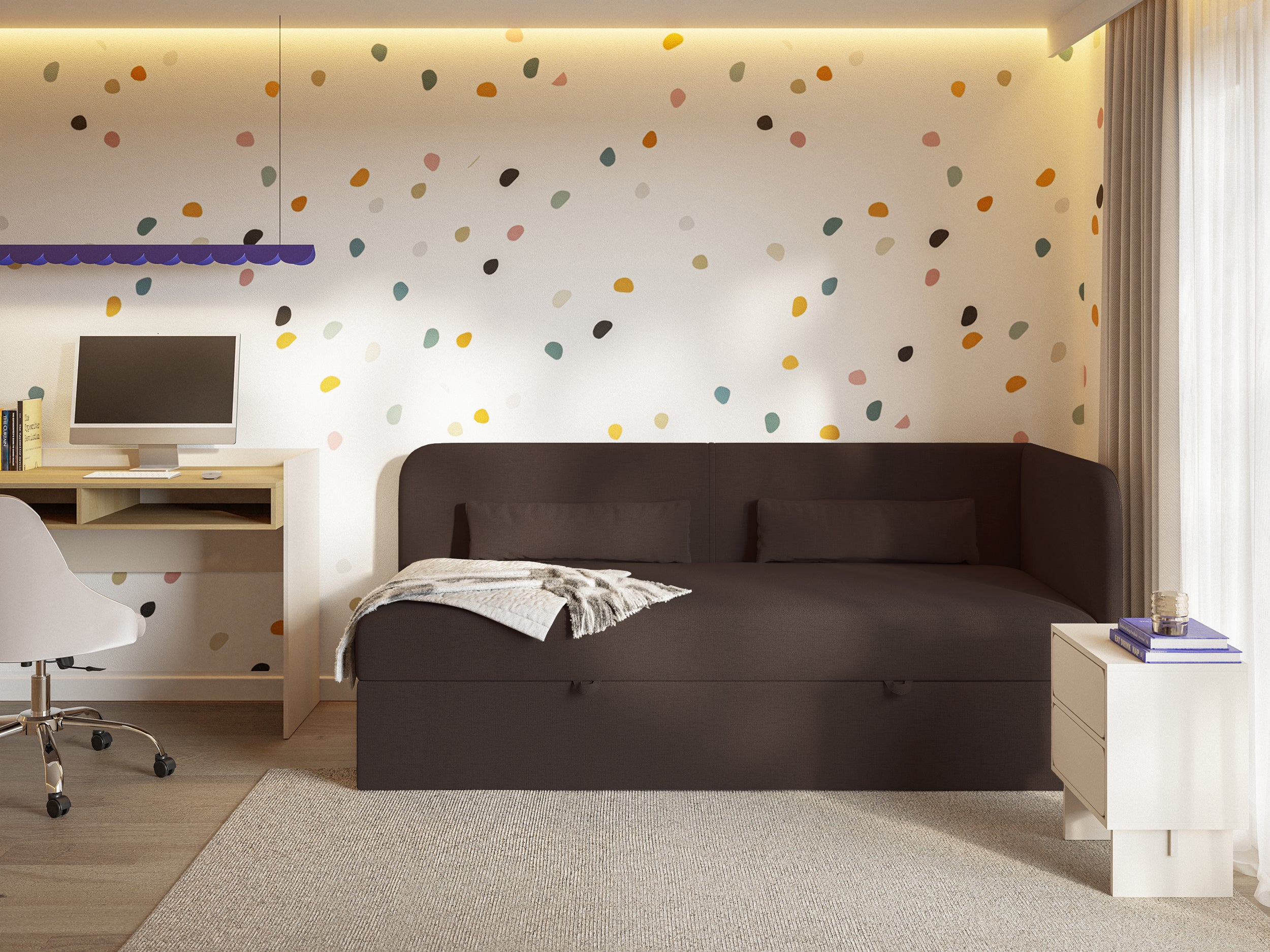 Jugendbett 90x200 cm Calmmo, rechtsseitig mit Stauraum, dunkelbrauner hydrophober Chenille-Bezug