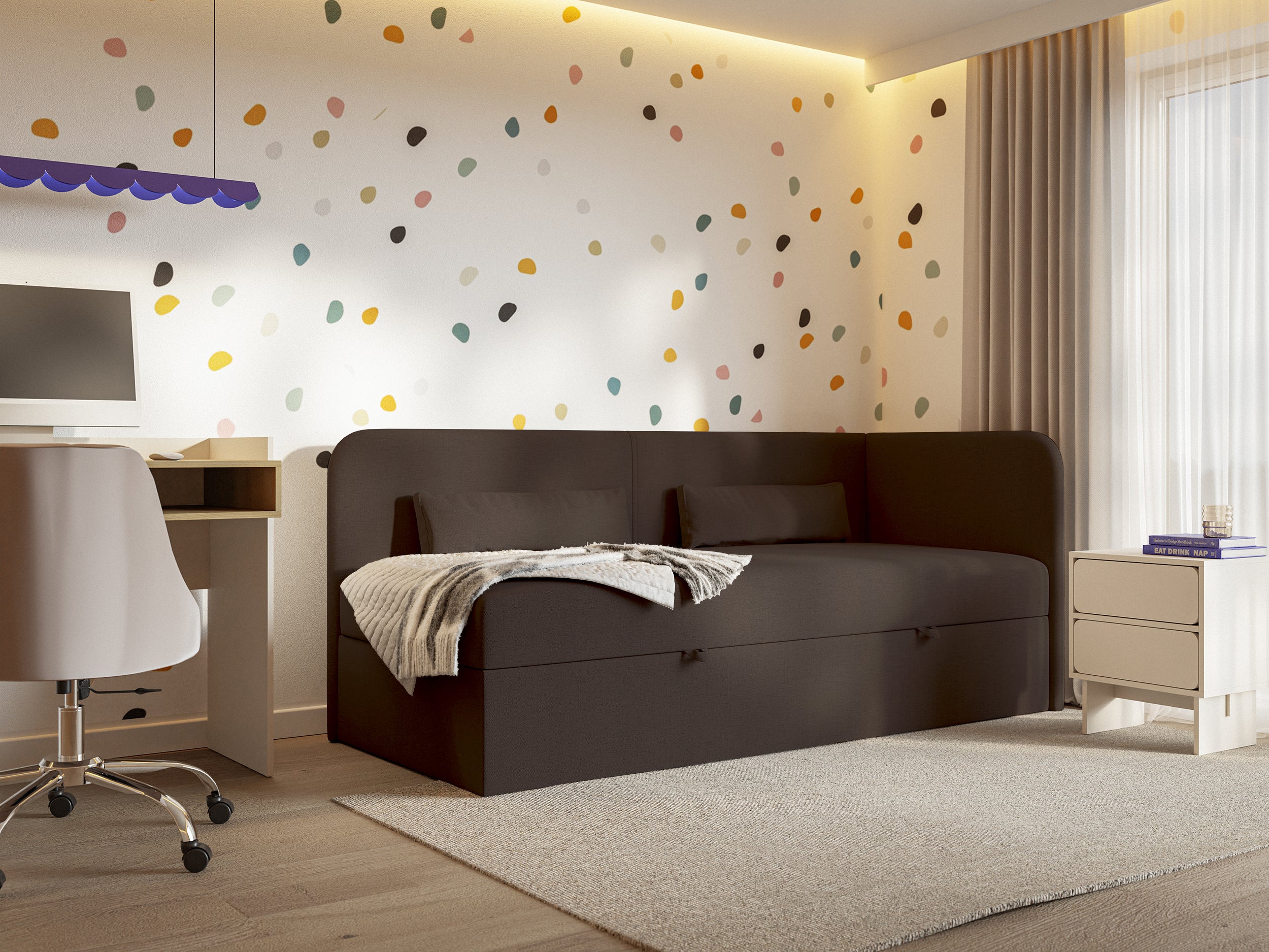 Jugendbett 90x200 cm Calmmo, rechtsseitig mit Stauraum, dunkelbrauner hydrophober Chenille-Bezug