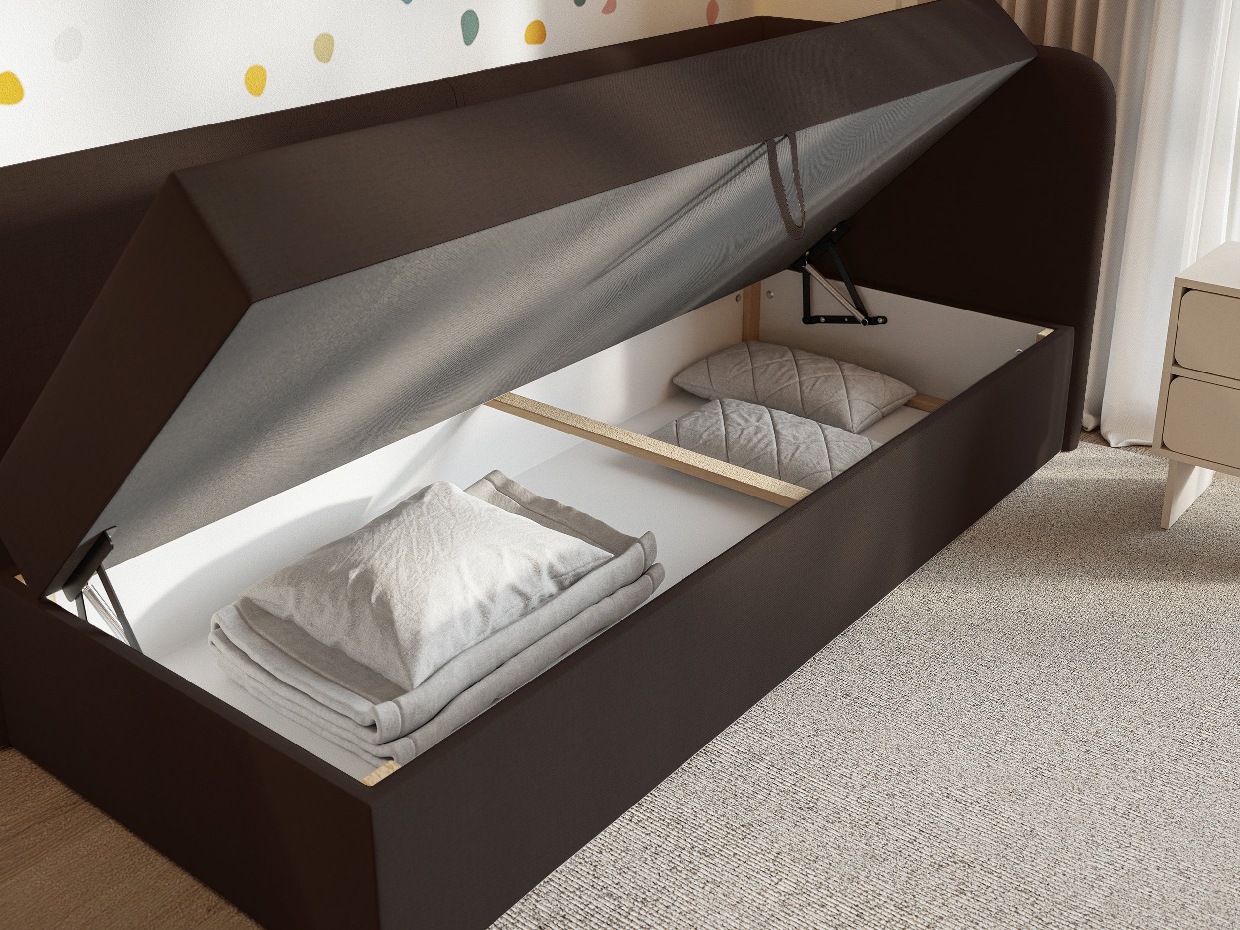 Jugendbett 90x200 cm Calmmo, rechtsseitig mit Stauraum, dunkelbrauner hydrophober Chenille-Bezug