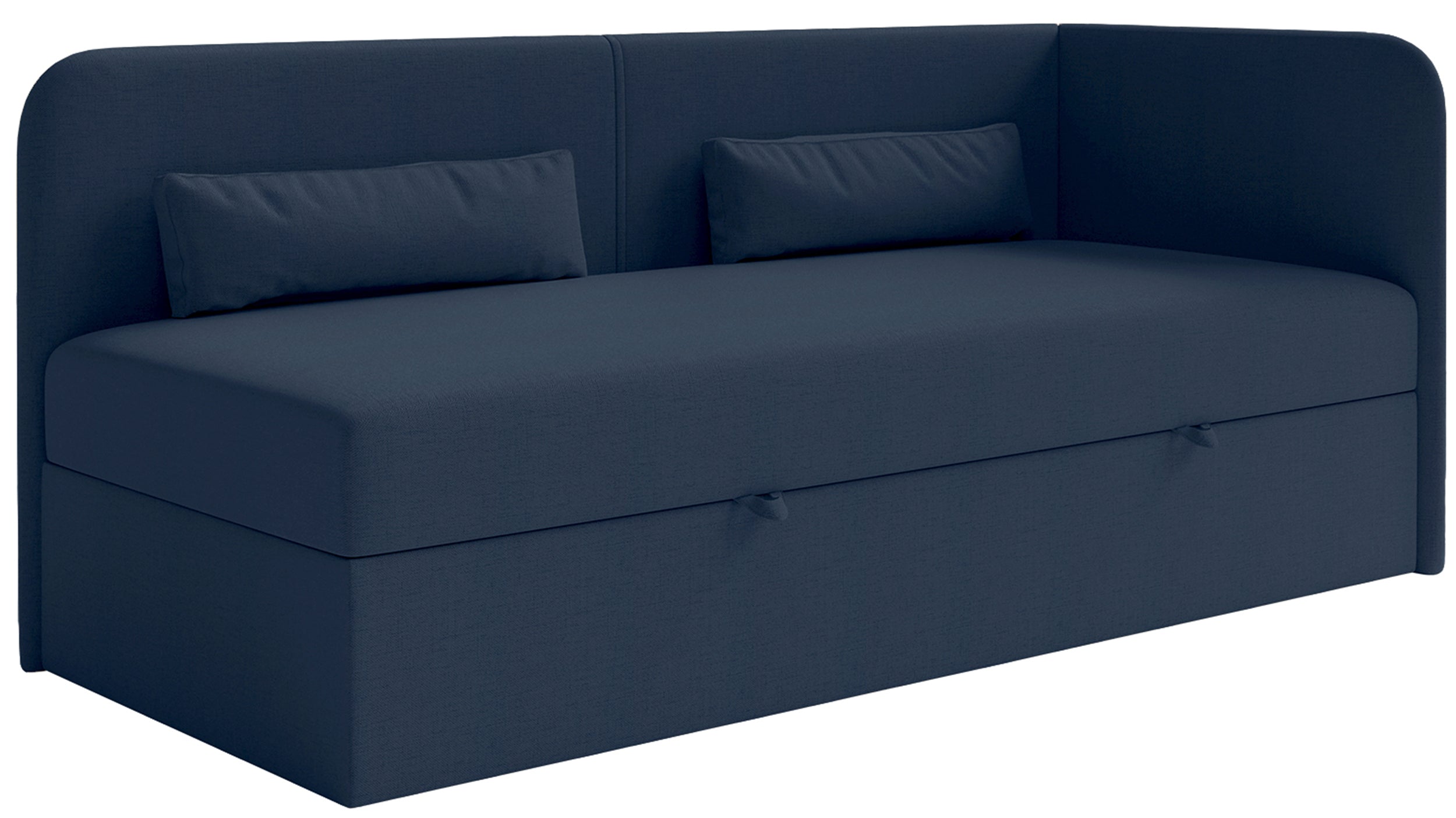 Jugendbett 90x200 cm Calmmo, rechtsseitig mit Stauraum, marineblauer hydrophober Chenille-Stoff