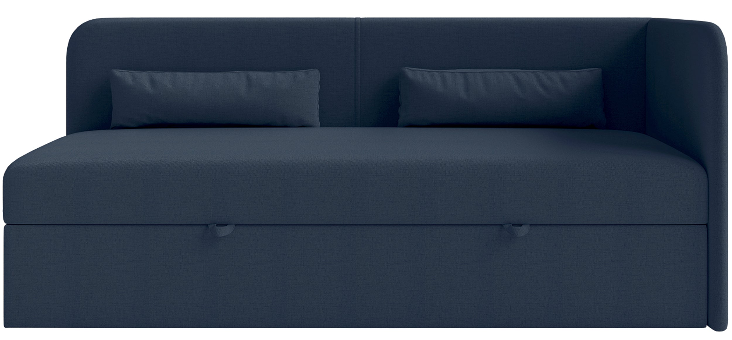 Jugendbett 90x200 cm Calmmo, rechtsseitig mit Stauraum, marineblauer hydrophober Chenille-Stoff