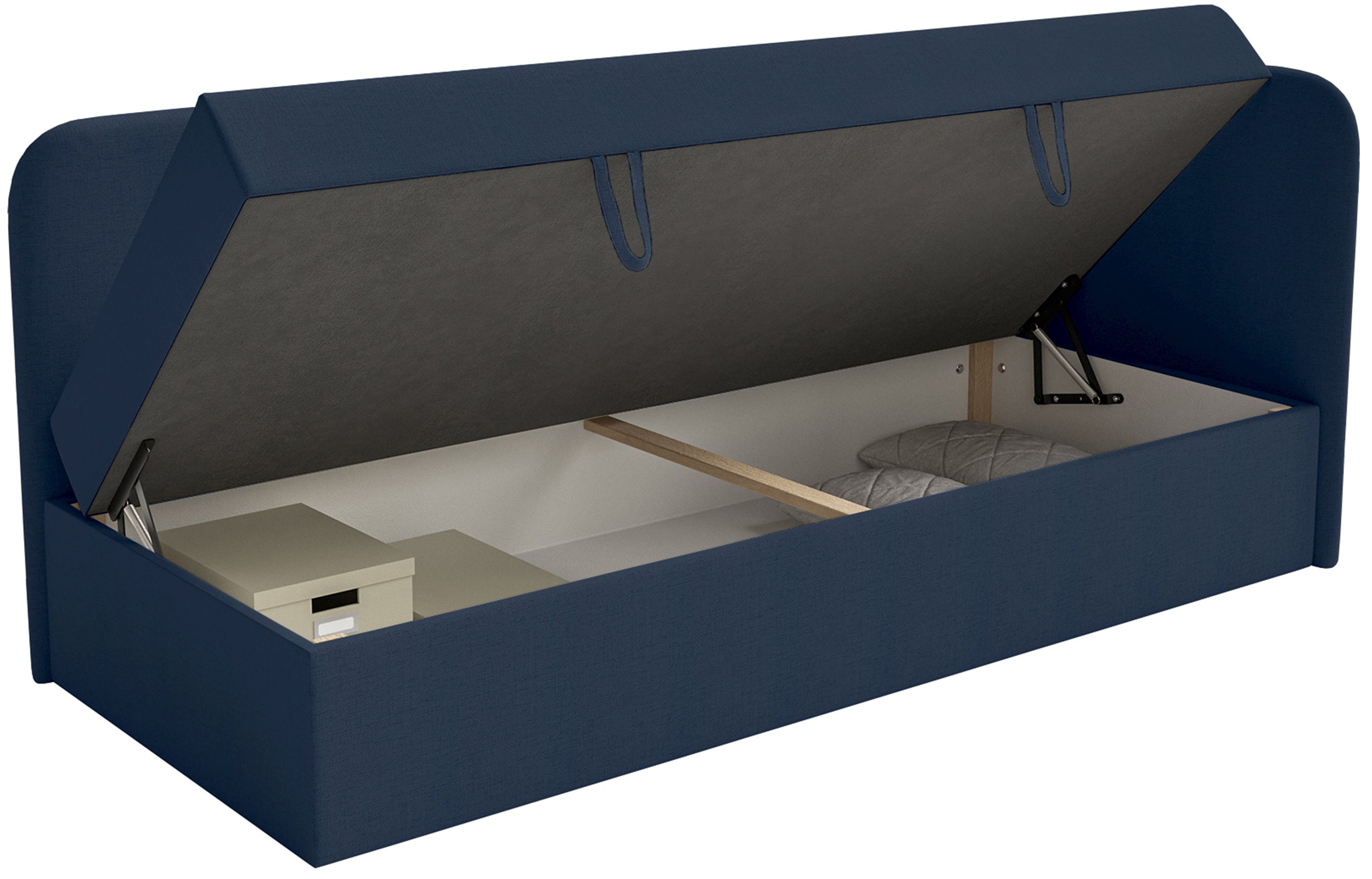 Jugendbett 90x200 cm Calmmo, rechtsseitig mit Stauraum, marineblauer hydrophober Chenille-Stoff