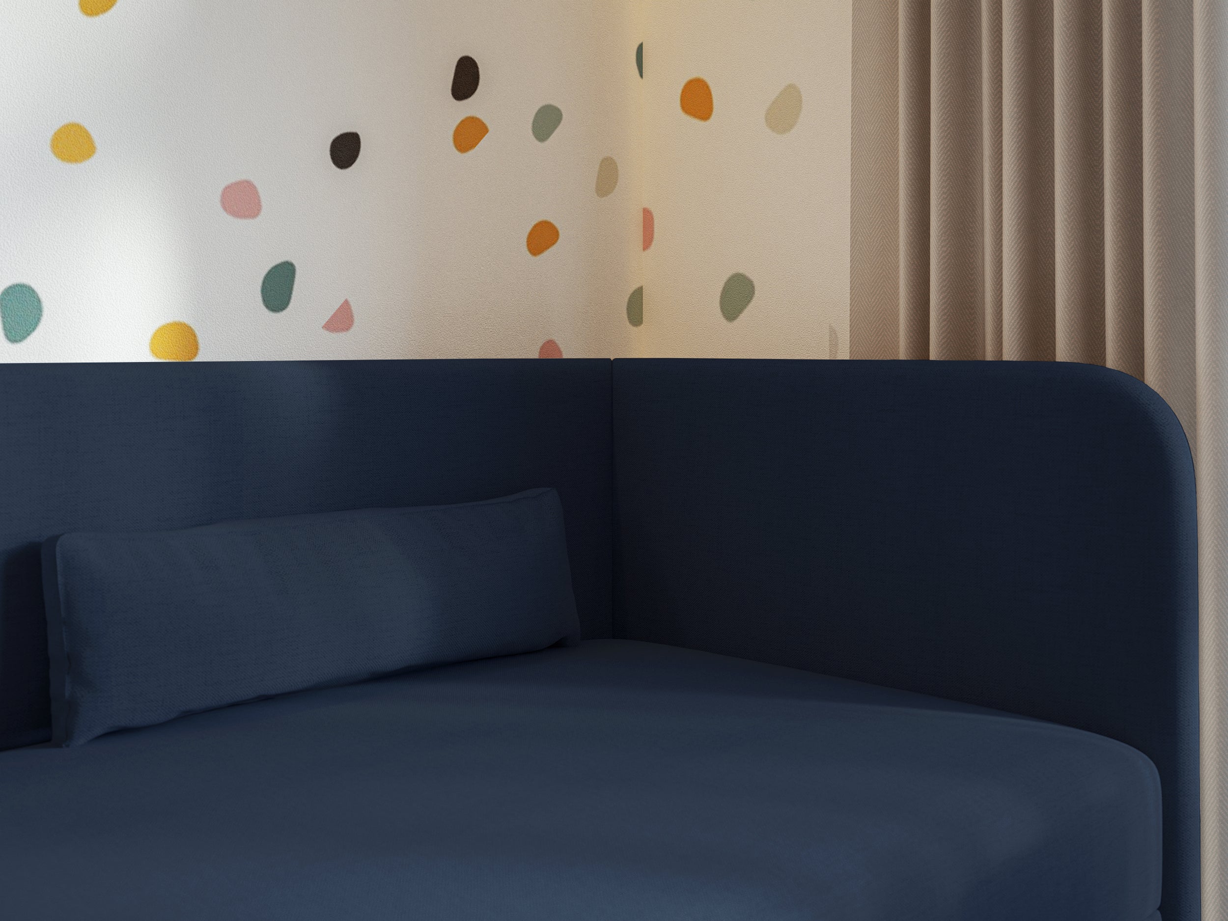 Jugendbett 90x200 cm Calmmo, rechtsseitig mit Stauraum, marineblauer hydrophober Chenille-Stoff