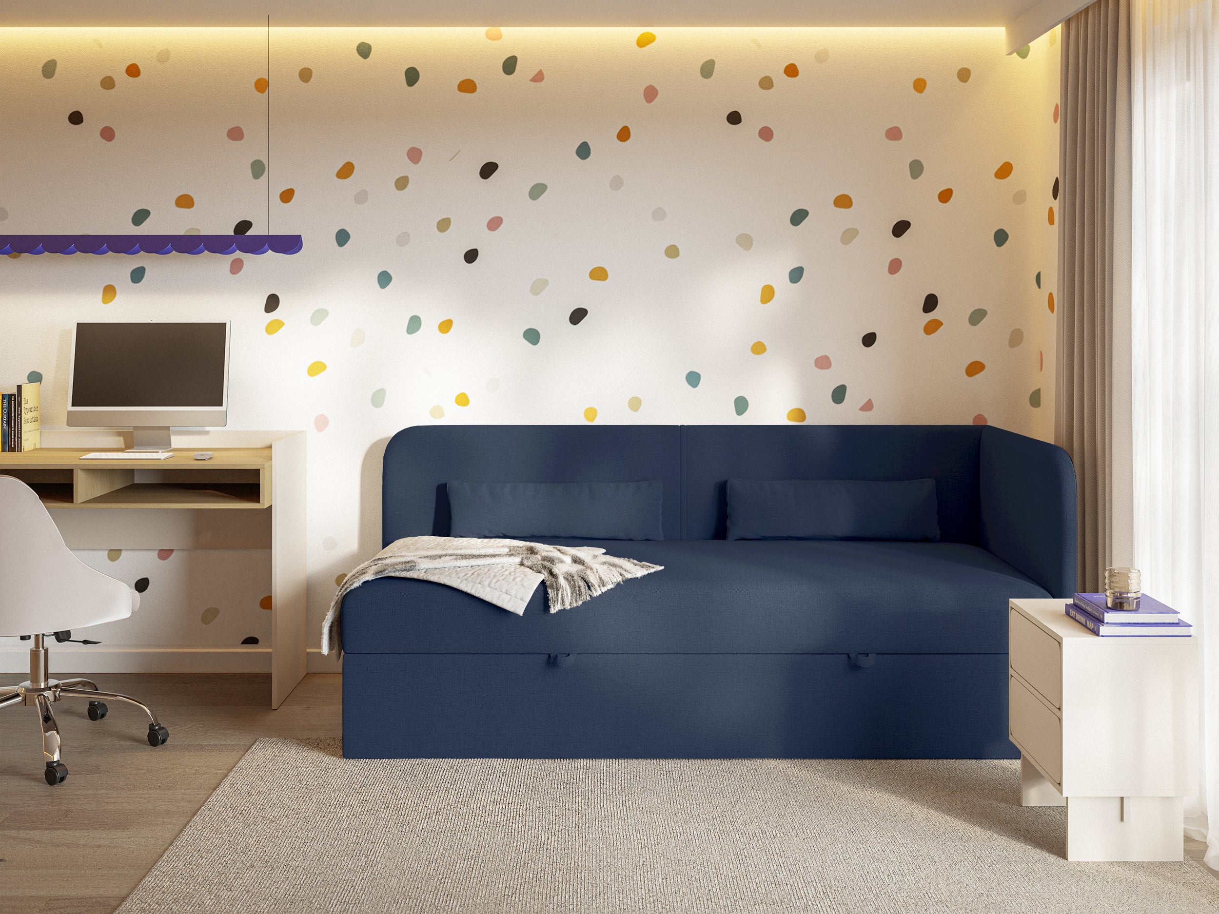 Jugendbett 90x200 cm Calmmo, rechtsseitig mit Stauraum, marineblauer hydrophober Chenille-Stoff