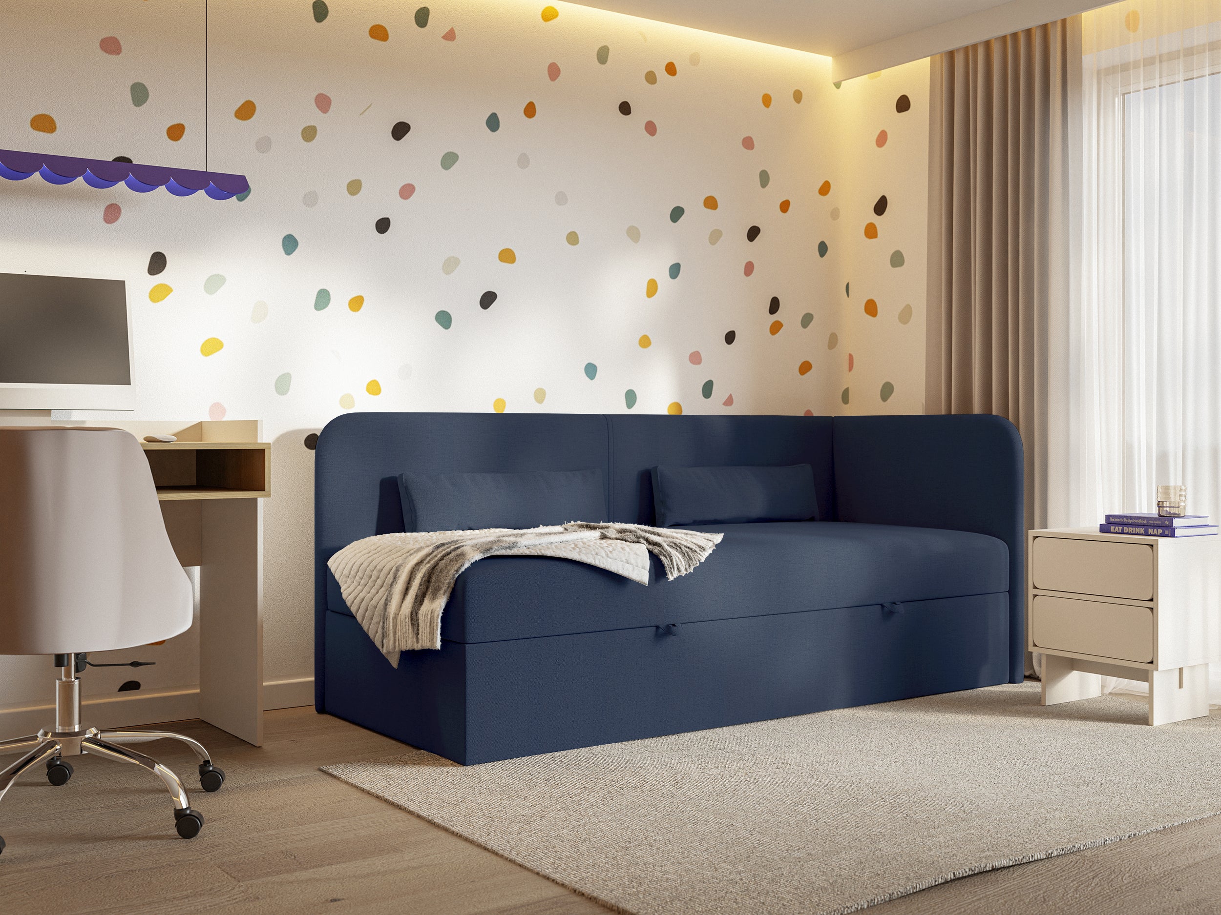 Jugendbett 90x200 cm Calmmo, rechtsseitig mit Stauraum, marineblauer hydrophober Chenille-Stoff