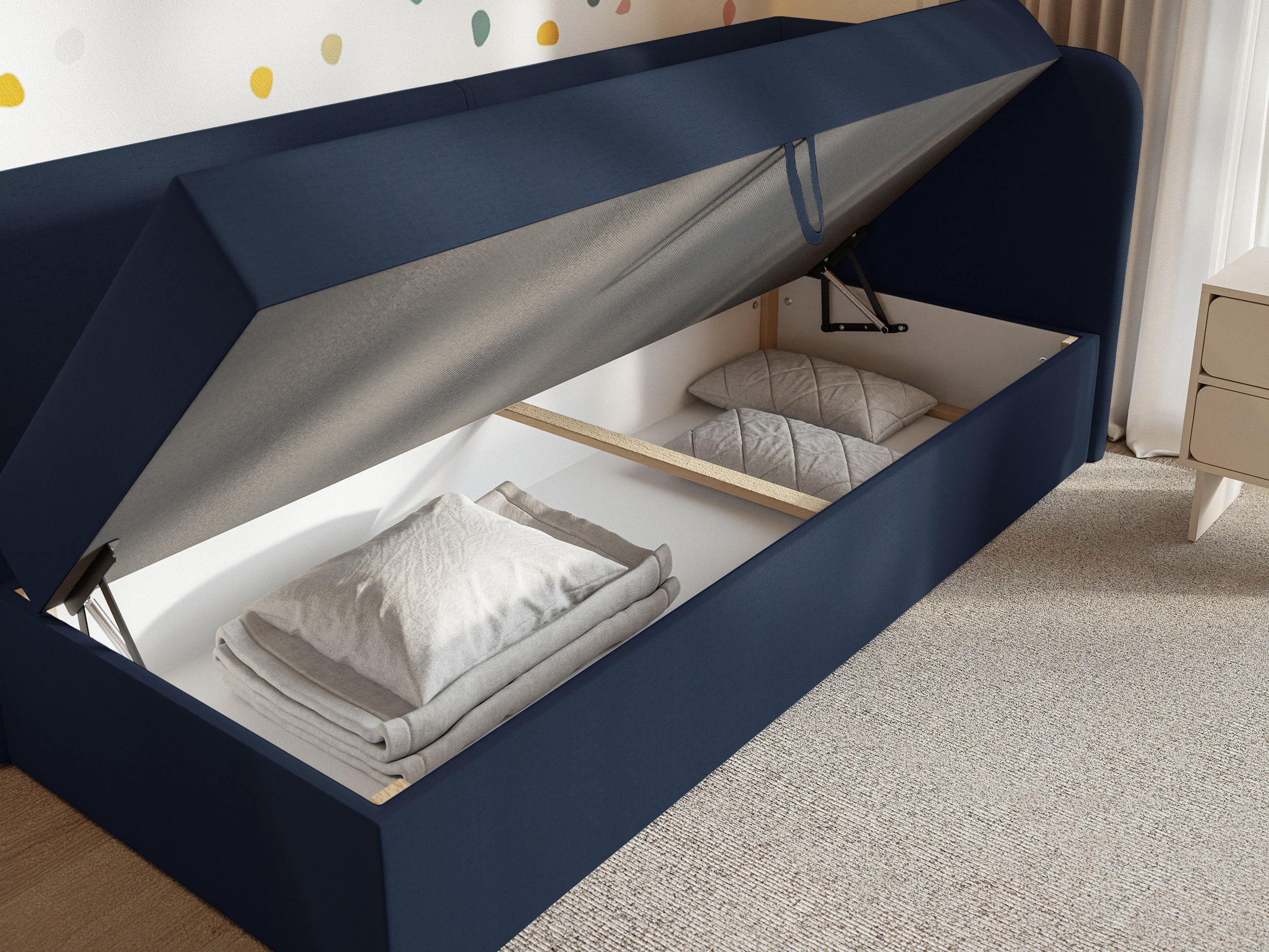 Jugendbett 90x200 cm Calmmo, rechtsseitig mit Stauraum, marineblauer hydrophober Chenille-Stoff