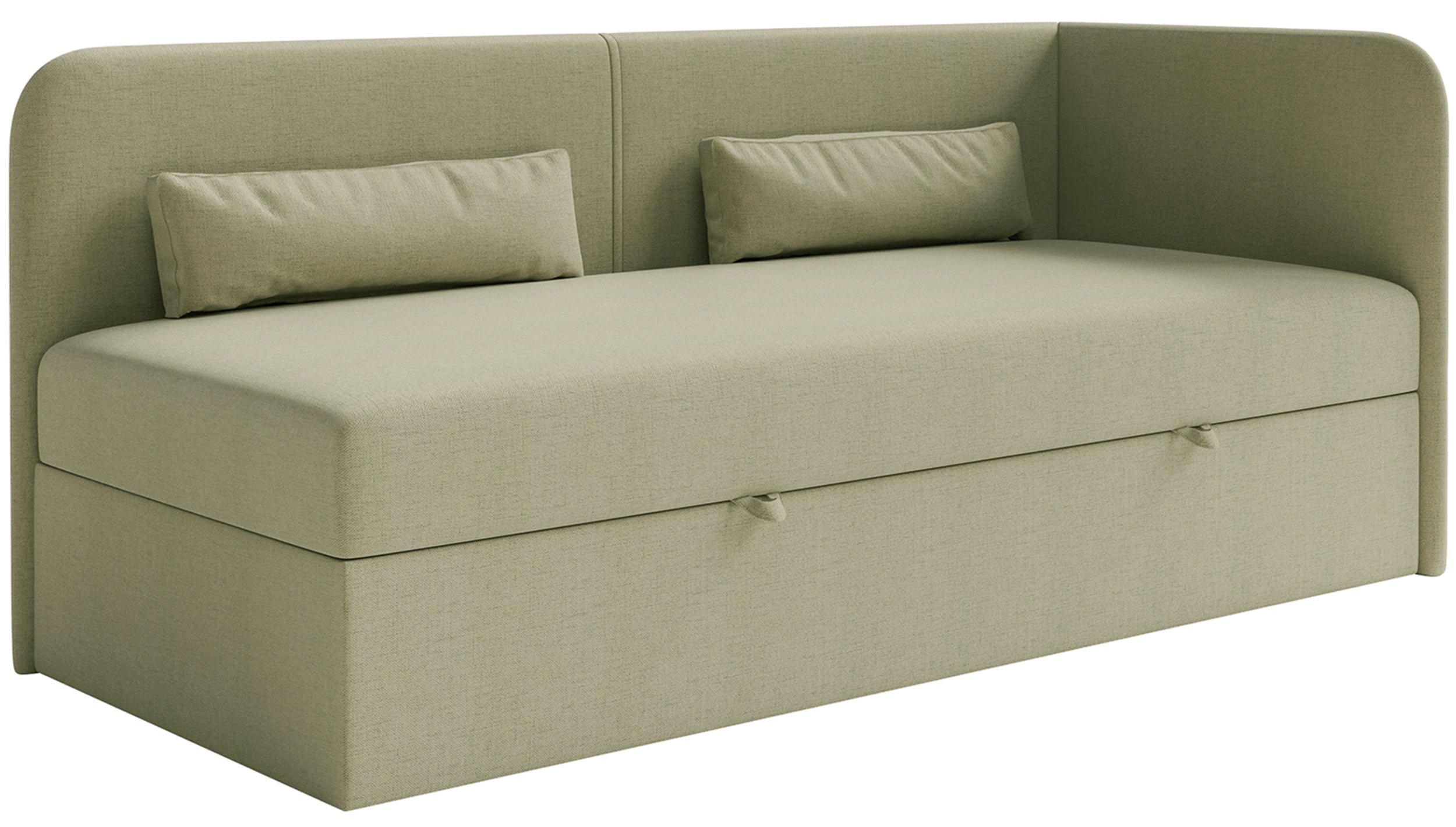 Jugendbett 90x200 cm Calmmo, rechtsseitig mit Stauraum, olivgrüner wasserabweisender Chenille-Stoff