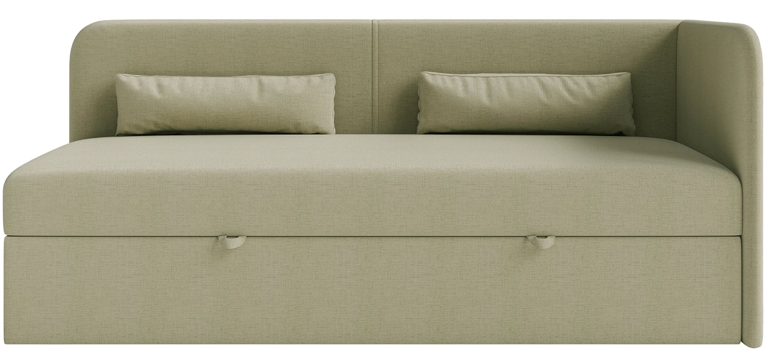 Jugendbett 90x200 cm Calmmo, rechtsseitig mit Stauraum, olivgrüner wasserabweisender Chenille-Stoff