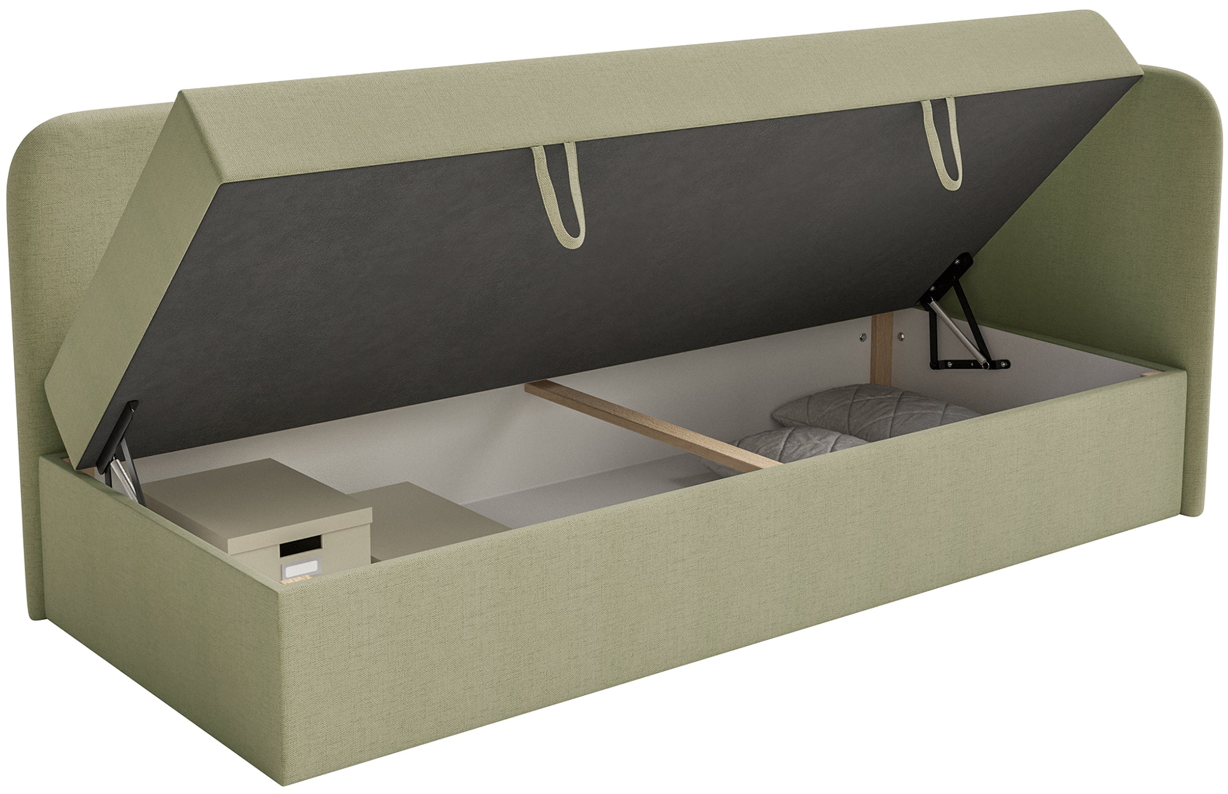 Jugendbett 90x200 cm Calmmo, rechtsseitig mit Stauraum, olivgrüner wasserabweisender Chenille-Stoff