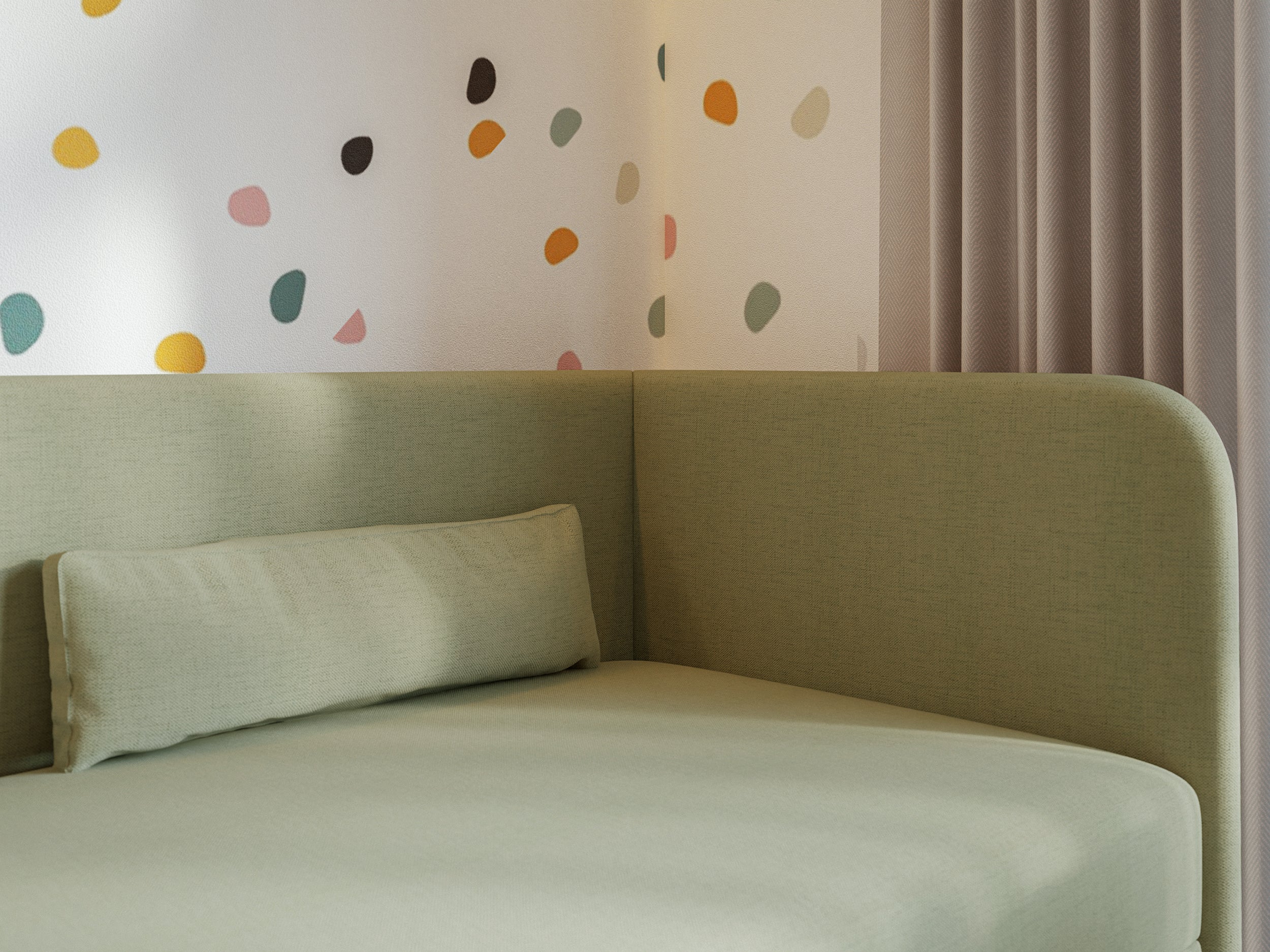 Jugendbett 90x200 cm Calmmo, rechtsseitig mit Stauraum, olivgrüner wasserabweisender Chenille-Stoff
