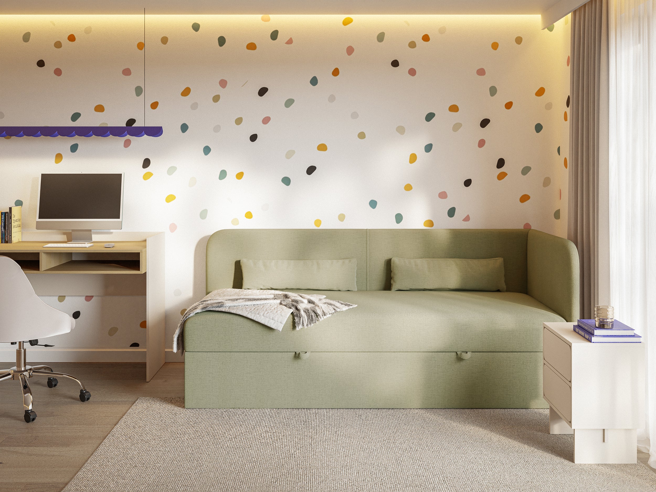 Jugendbett 90x200 cm Calmmo, rechtsseitig mit Stauraum, olivgrüner wasserabweisender Chenille-Stoff