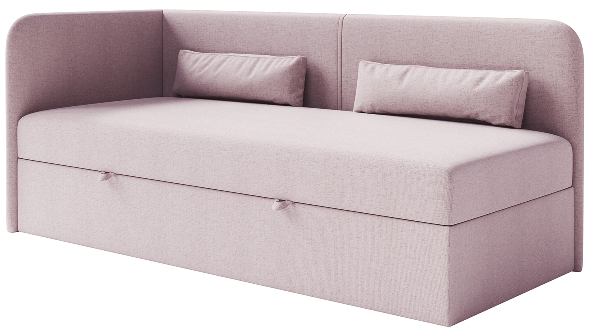 Jugendbett 90x200 cm Calmmo linksseitig mit Stauraum, rosa hydrophobes Chenille