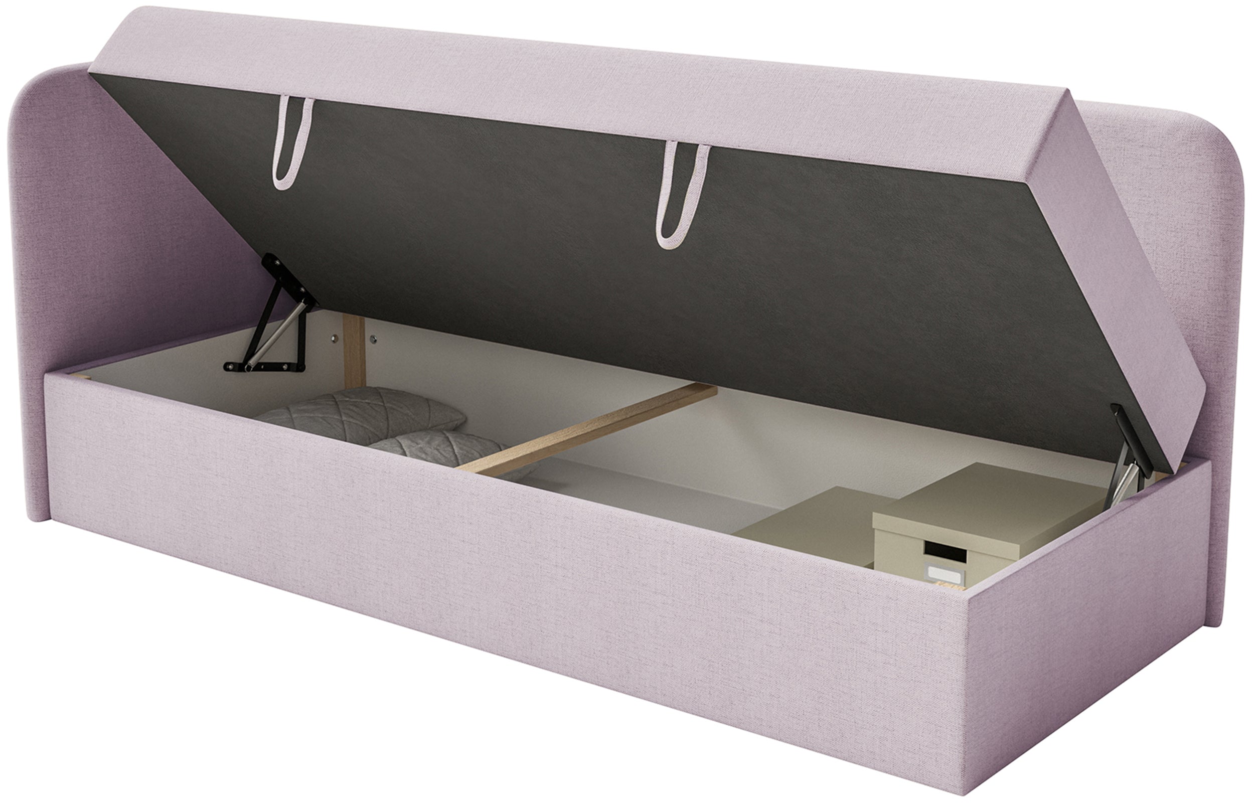 Jugendbett 90x200 cm Calmmo linksseitig mit Stauraum, rosa hydrophobes Chenille