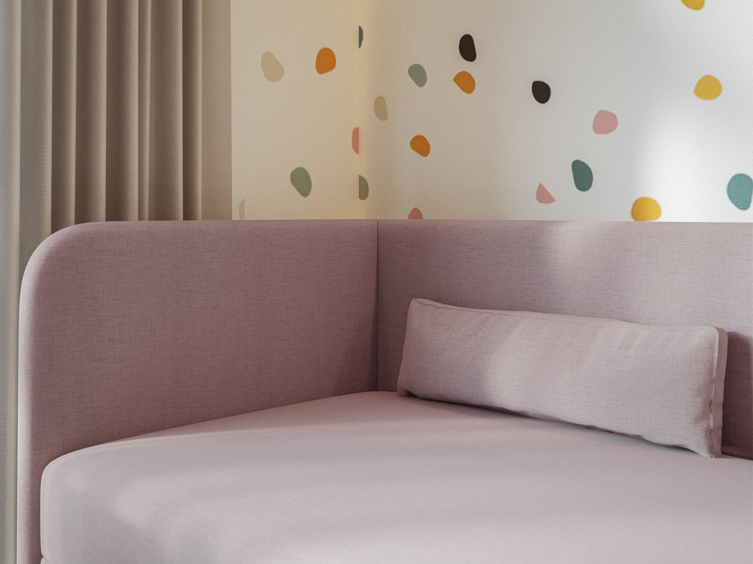Jugendbett 90x200 cm Calmmo linksseitig mit Stauraum, rosa hydrophobes Chenille