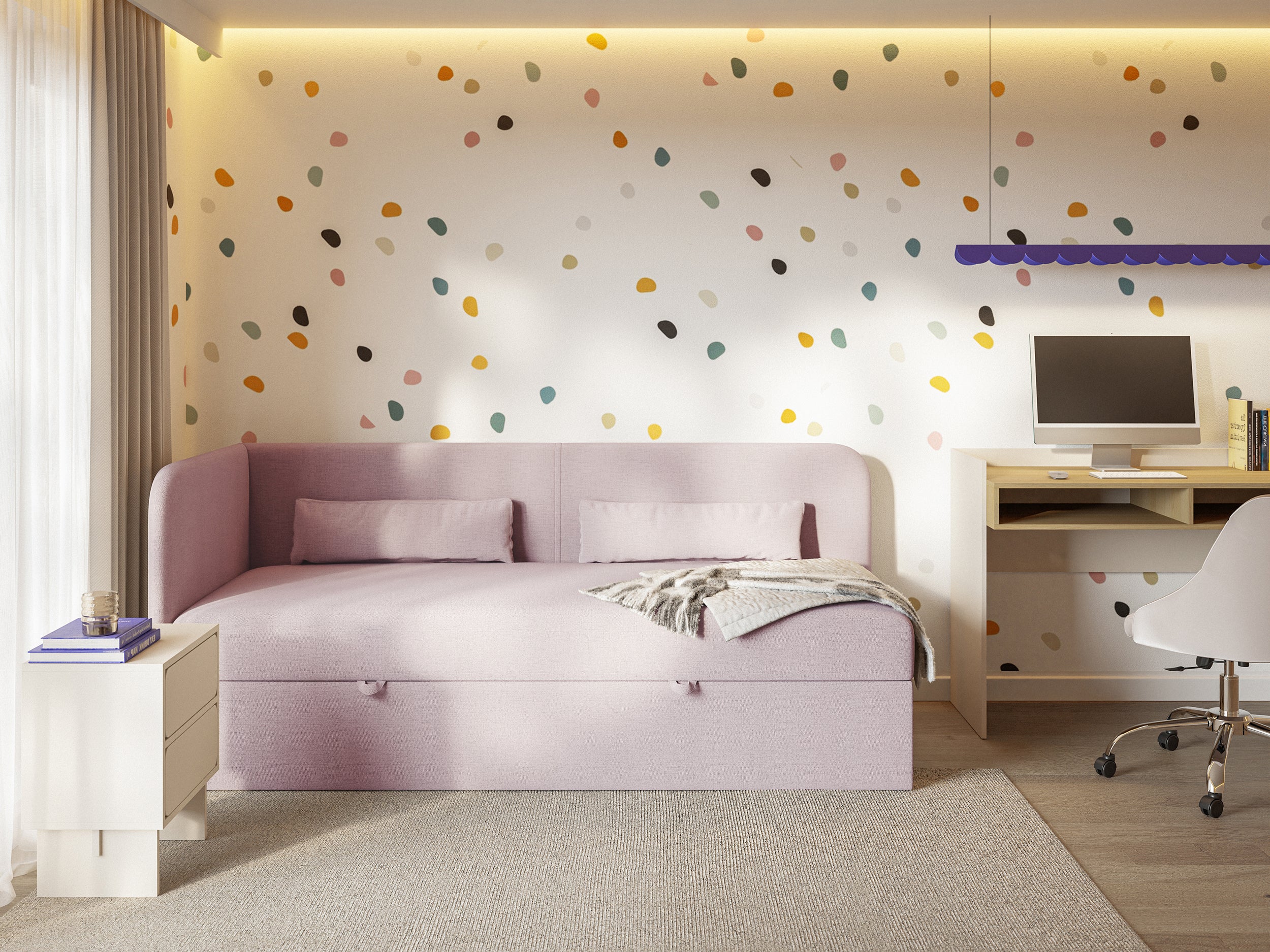 Jugendbett 90x200 cm Calmmo linksseitig mit Stauraum, rosa hydrophobes Chenille